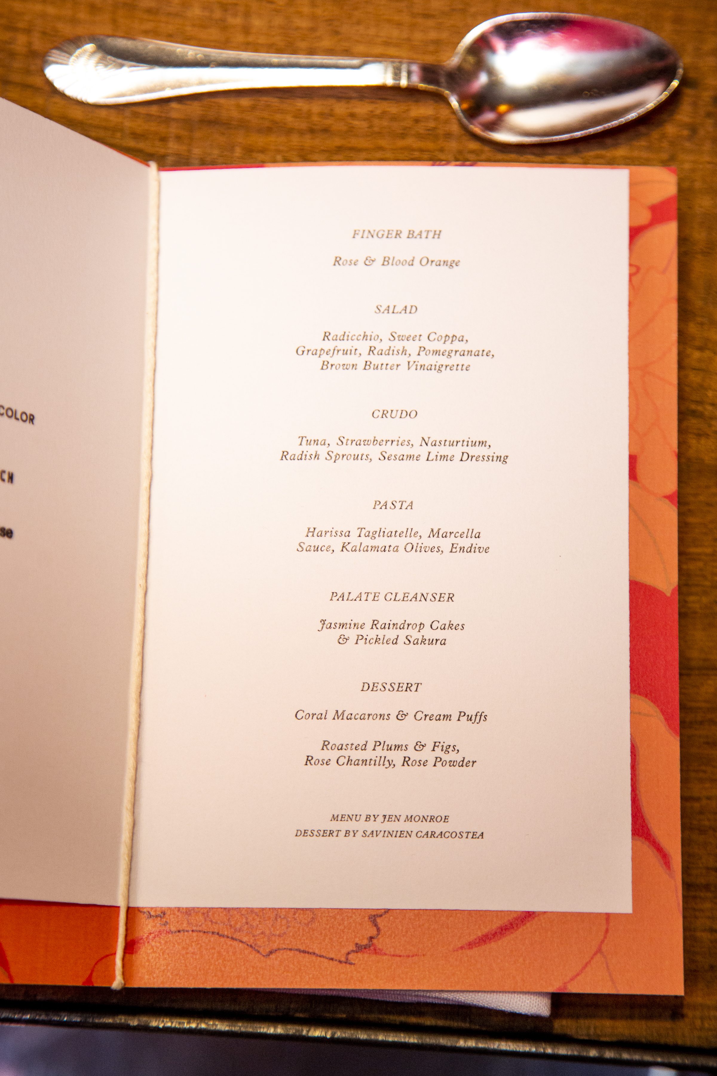 Menu for Carolina Herrera “Coral Blossom” dinner at NeueHouse in collaboration with Farfetch. Photo courtesy of NeueHouse.
