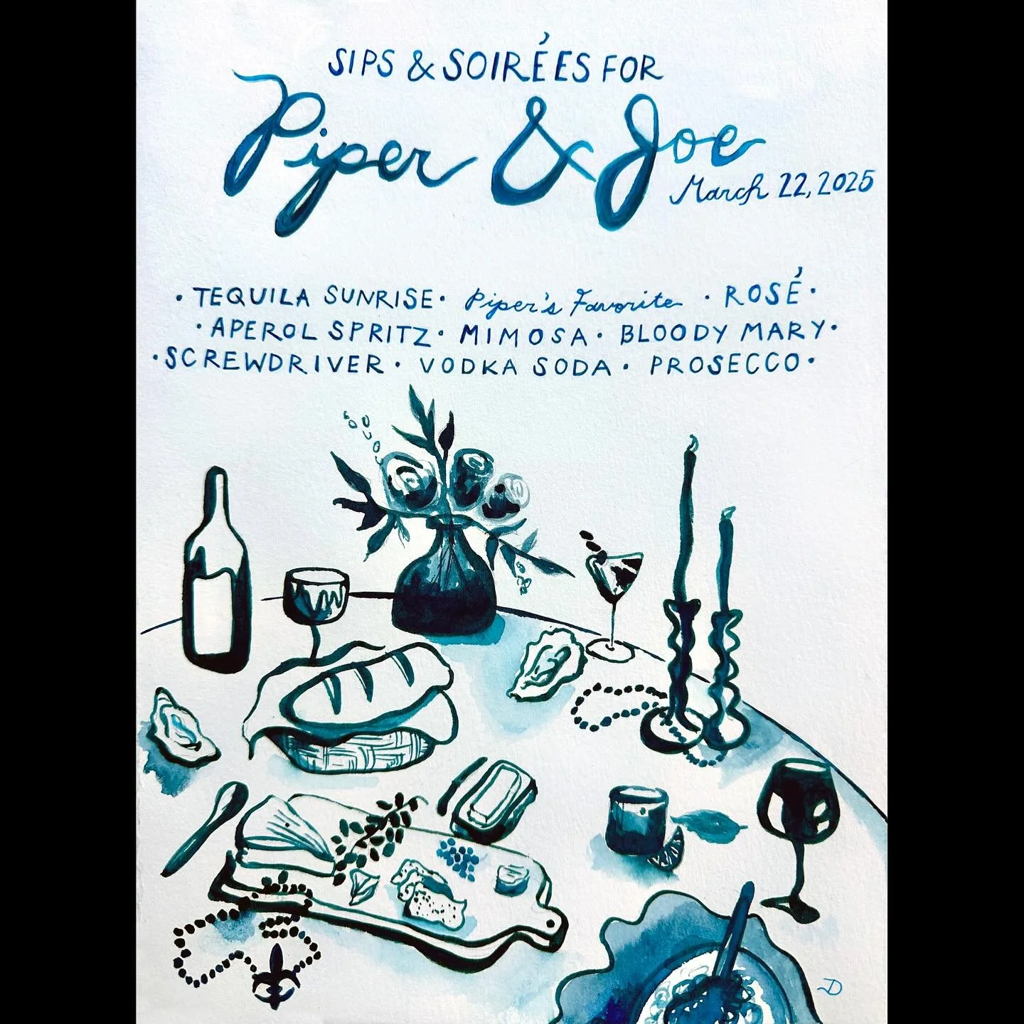 Had a blast creating this bar menu for this lovely couple! 
Congrats to Piper and Joe! 🤍🤍👰🏼&zwj;♀️🤵🏻&zwj;♂️🤍🤍
#watercolor #illustration #inkonpaper