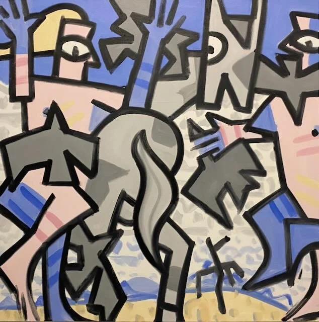 something's up, " a bedlam of shouts and whacks," #1-2,  oil on canvas, 84 x 84" , 2022