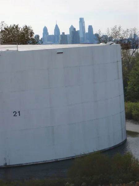 Abandoned tank on Petty’s Island, view of Philadelphia