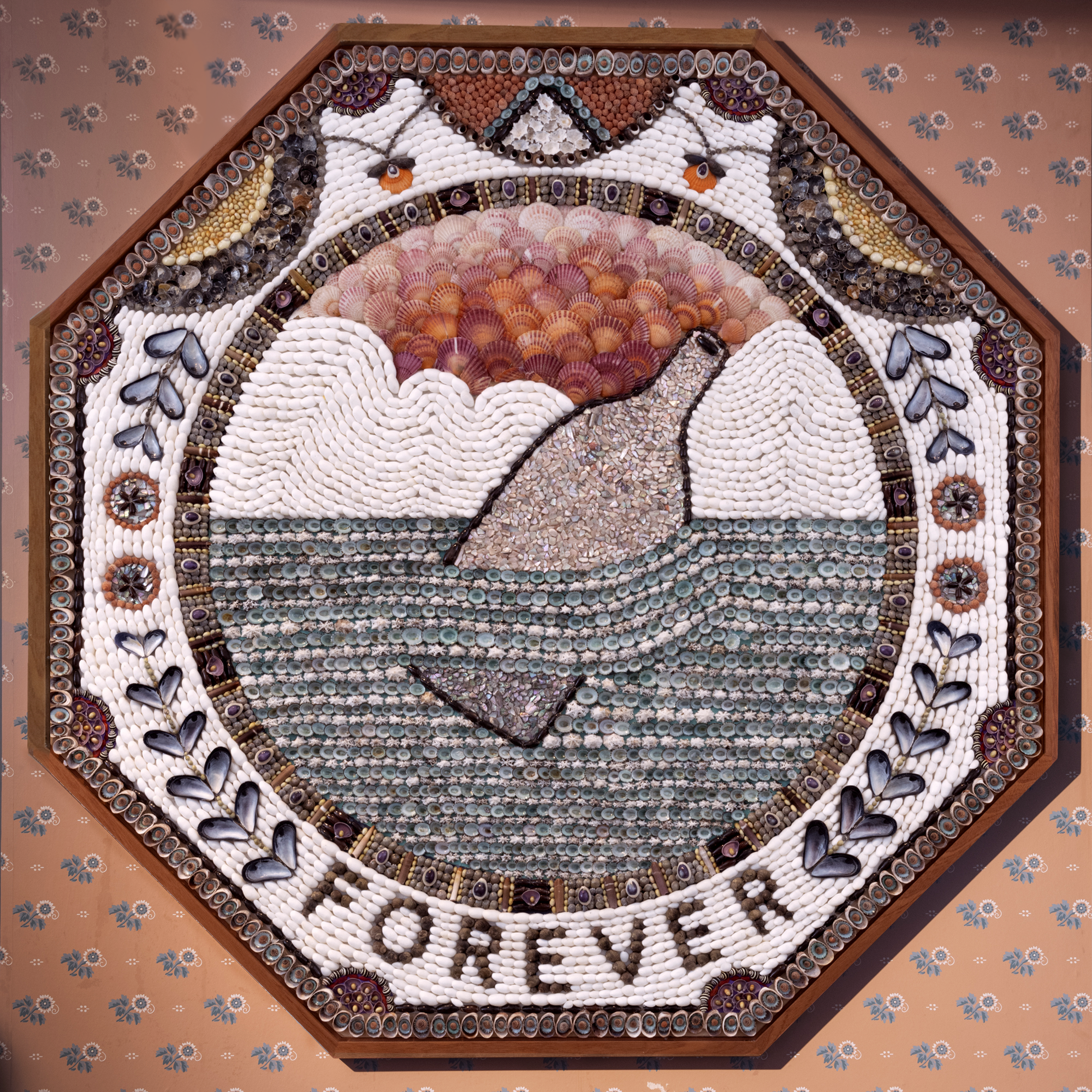   Just Plain Forever , 2019, Shell Mosaic (sailor's valentine) on panel in mahogany frame, 49.5” x 49.5”. 