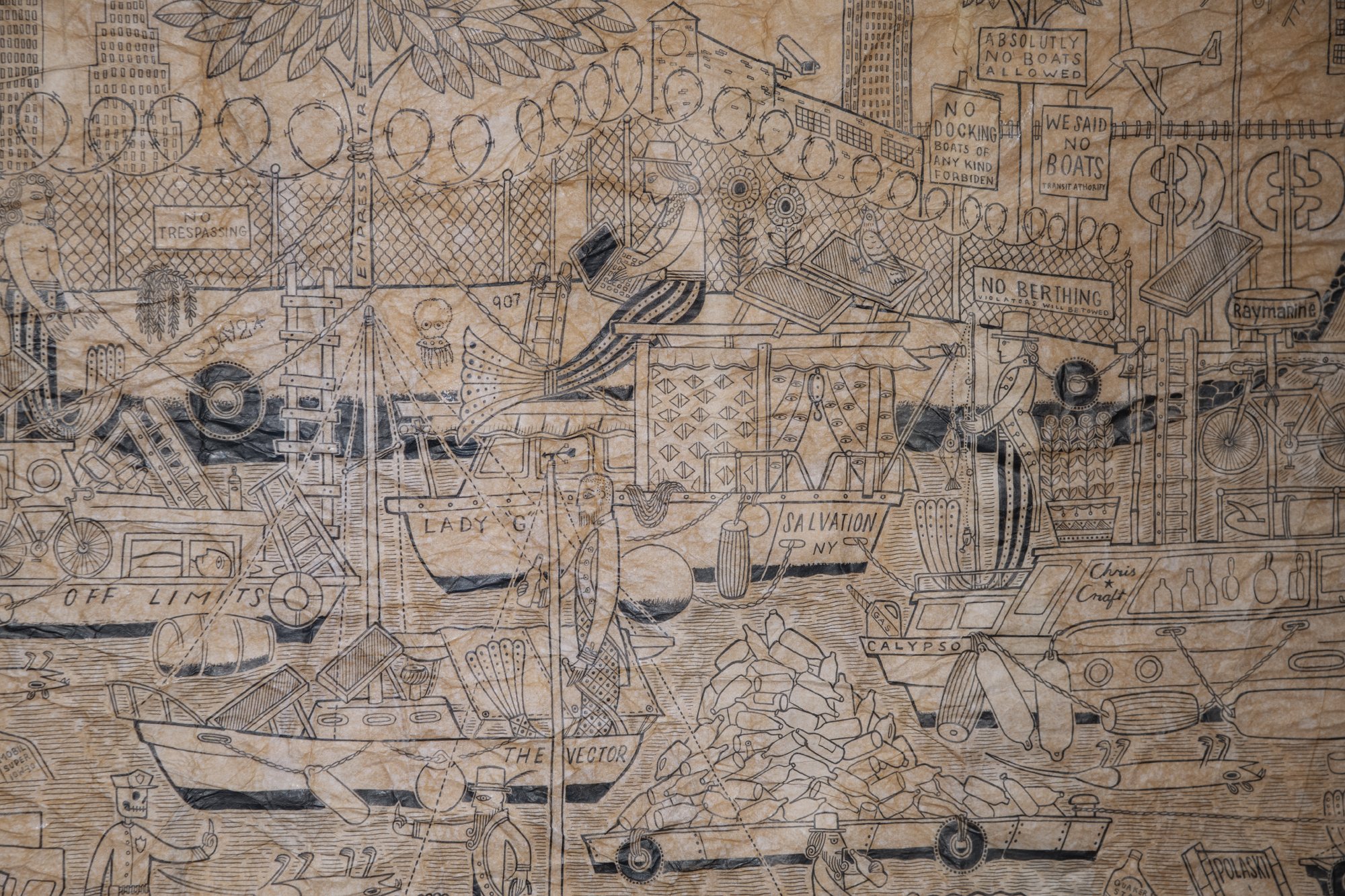   The View From The Mouth Of The Newtown Creek During Final Days of Battle (detail),  2021, Ink on canary paper, 24" x 60". Photography courtesy of Danny Perez.&nbsp; 