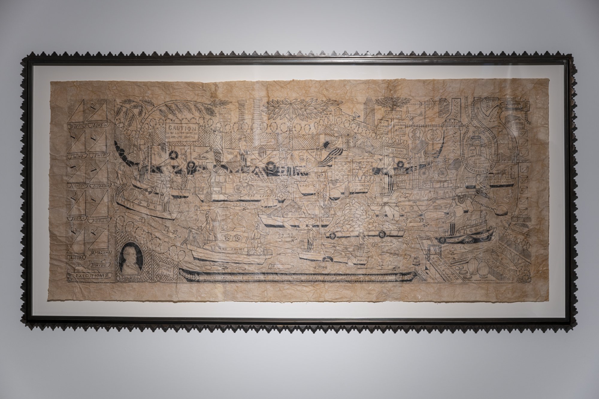   The View From The Mouth Of The Newtown Creek During Final Days of Battle,  2021, Ink on canary paper, 24" x 60". Photography courtesy of Danny Perez.&nbsp; 