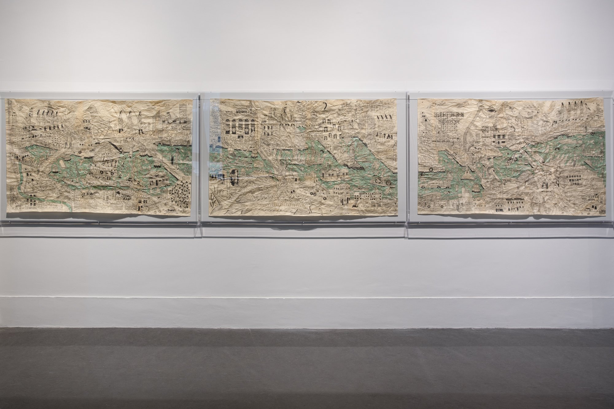   A Semi-Subjective Map of the Glorious Gowanus Canal from the Colonial to Post-Industrial Eras , 2021, Ink on canary paper, 3.5' x 17'. Photography courtesy of Danny Perez.&nbsp; 