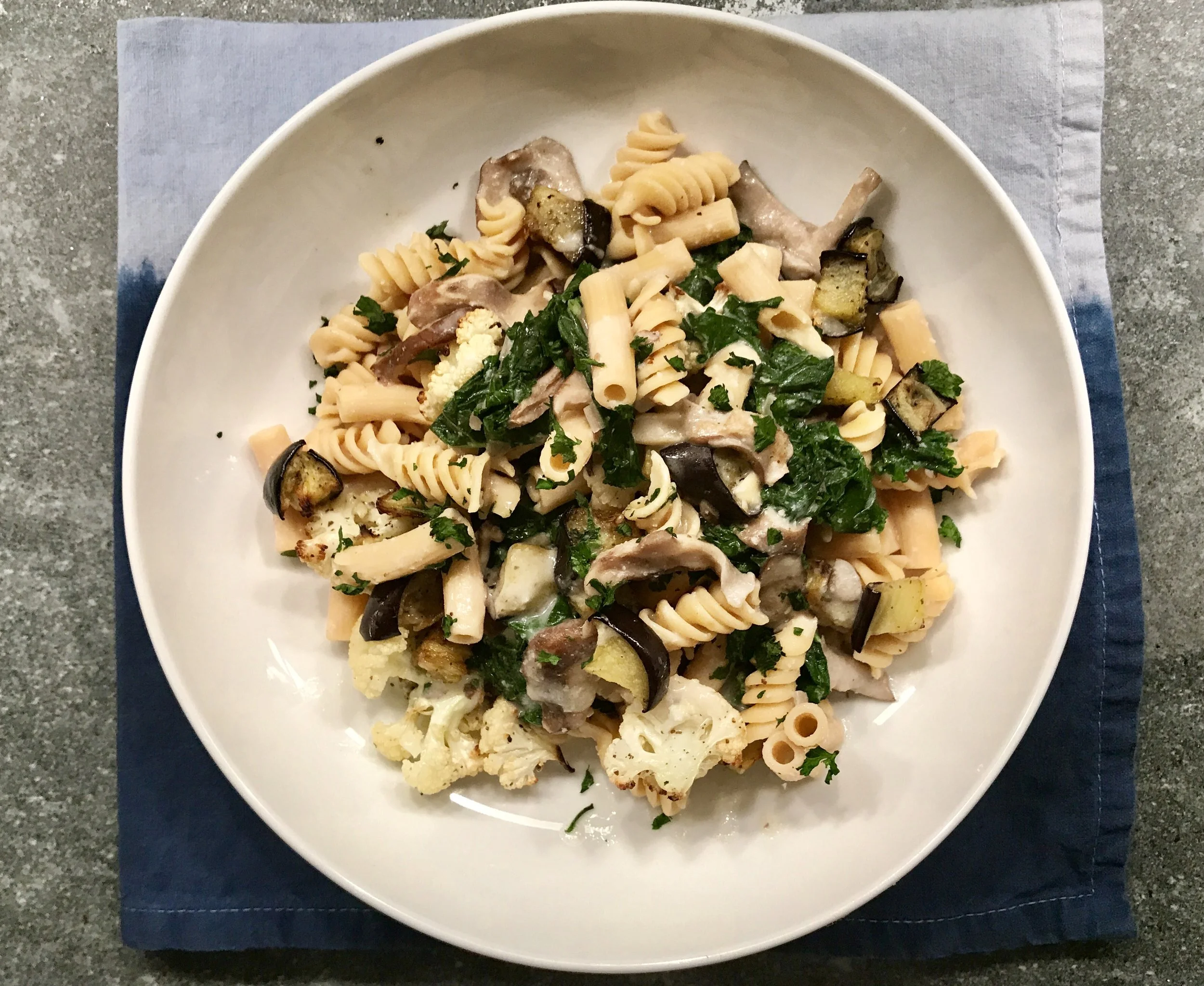 Chickpea Pasta with Shitake Mushrooms, Kale, Eggplant and Cauliflower