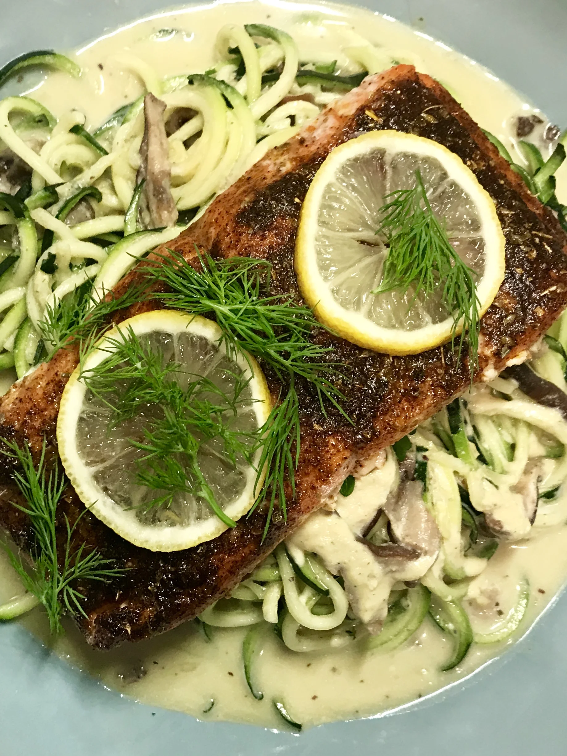 Slow Baked Chili Salmon over Zoodles and Shitake Mushrooms — Aimee Rein