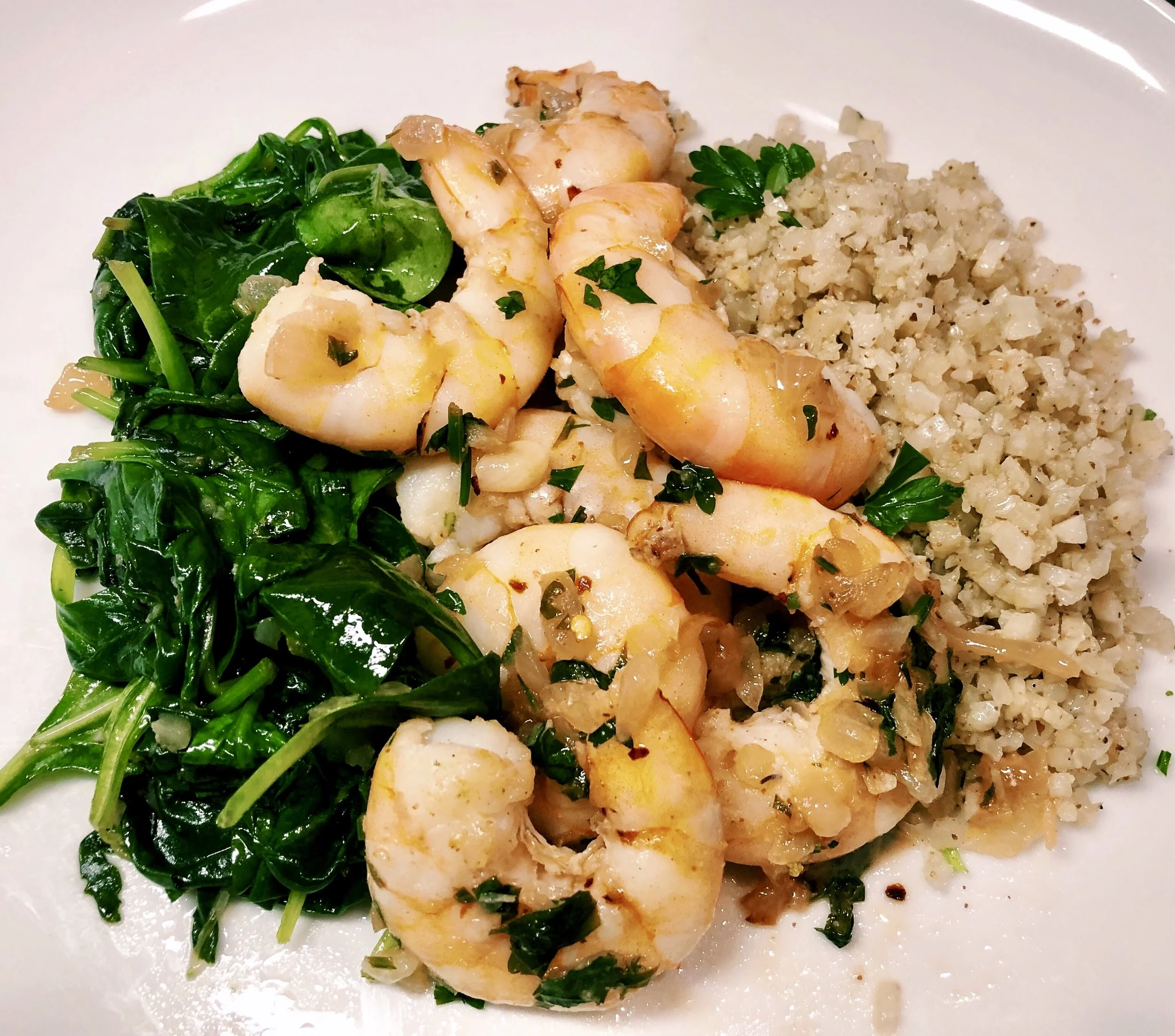 Shrimp Scampi with Sauteed Spinach and Cauliflower Rice — Aimee Rein