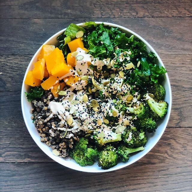 Happy Monday! This lentil kale salad with roasted squash, broccoli and umeboshi plum tahini dressing is a nutritional powerhouse and makes the perfect summer meal on a hot day like today!  Lentils are so good for you.  They&rsquo;re rich in dietary f