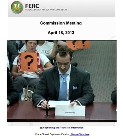 'We the People Matter day of Action' protests were partially recorded by FERC's closed-circuit cameras, becoming a permanent part of FERC's own records. Screen shot, video, FERC Monthly Commission Meeting, 2013.