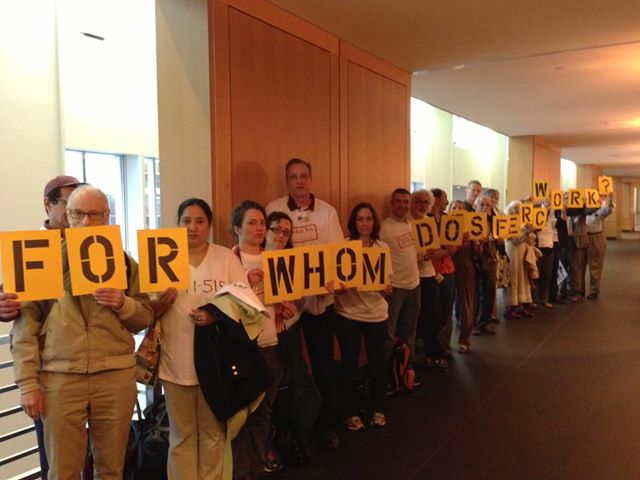 'We the People Matter Day of Action,' in April of 2013, was the first multi-state protest at FERC headquarters. Members of impacted communities wore Canalos's 'Docket No.' shirts during the meeting, and held up signs forming different messages during the course of the hour-long Commissioner's meeting. Groups represented that day included Minisink Matters, Stop the Minisink Compressor Station, Stop the (Constitution) Pipeline, Myersville Citizens for a Rural Community, Chesapeake Climate Action Network, Stop the Rockaway Pipeline, and Sane Energy Project.