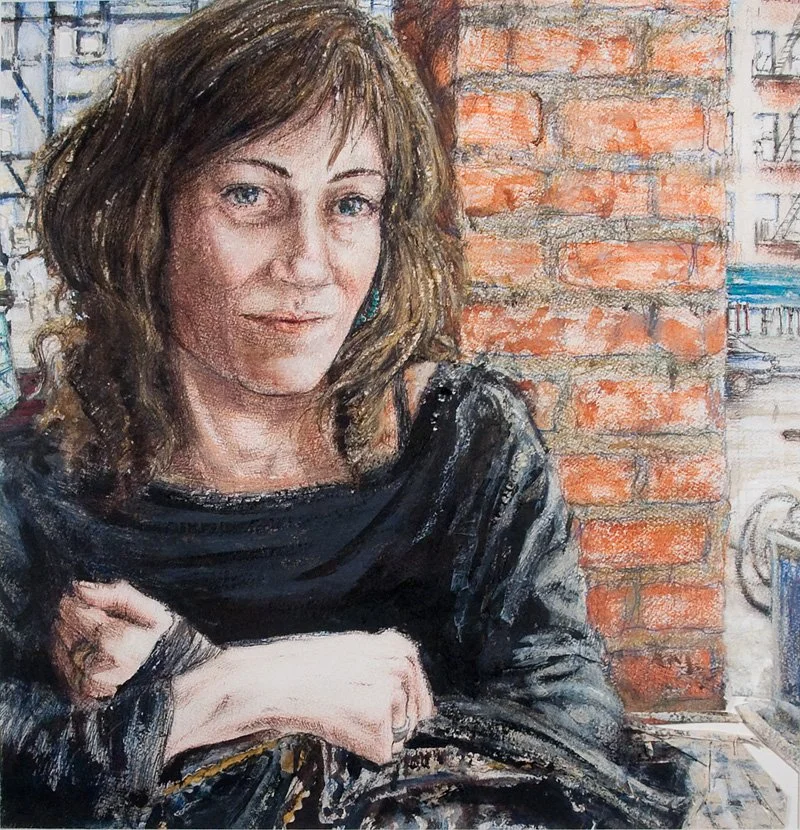   Jessie Henson, Veselka, East Ninth St., Lower East Side.  2010. Acrylic, colored pencil, ink, and staples on archival paper, 15” x 15.” From the series  Artists in the City.  