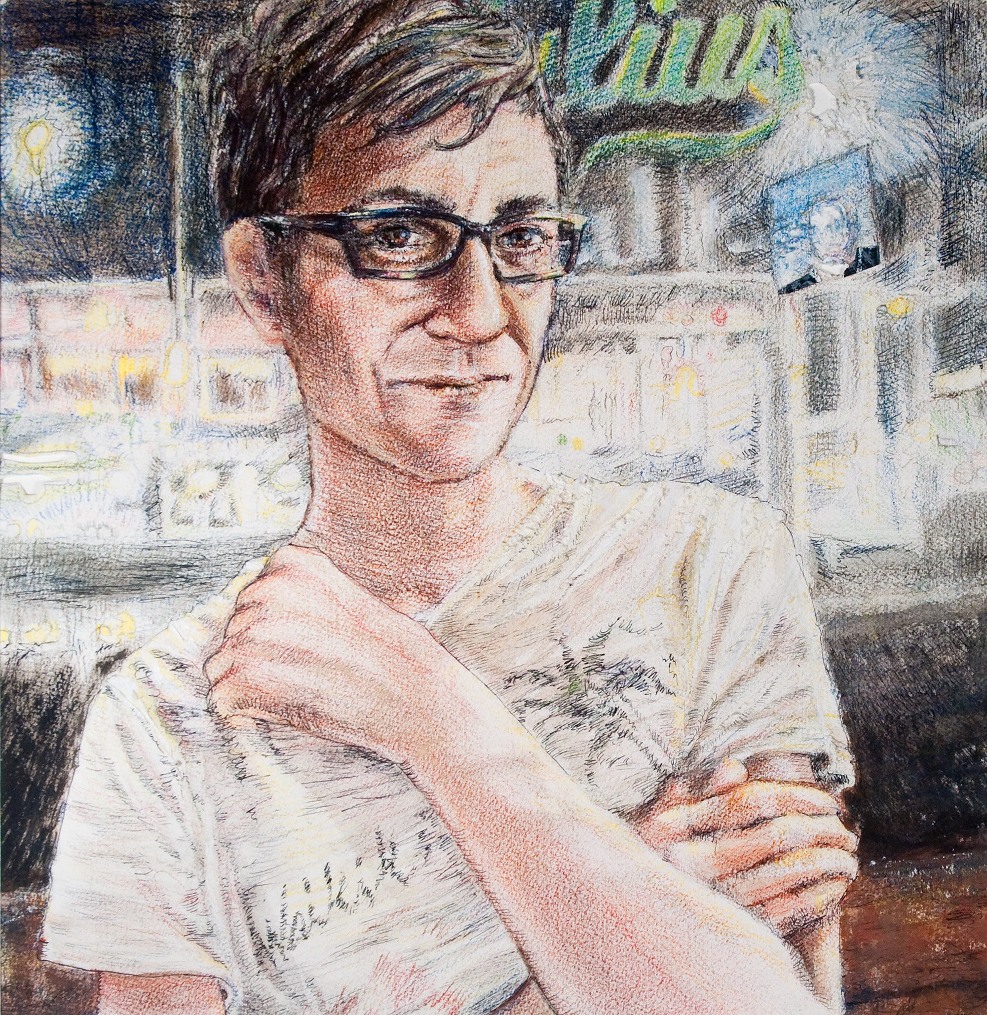   Deric Carner at Julius, West Tenth St., Greenwich Village.  2010. Acrylic, colored pencil, ink, and staples on archival paper, 15” x 15.” From the series  Artists in the City.  