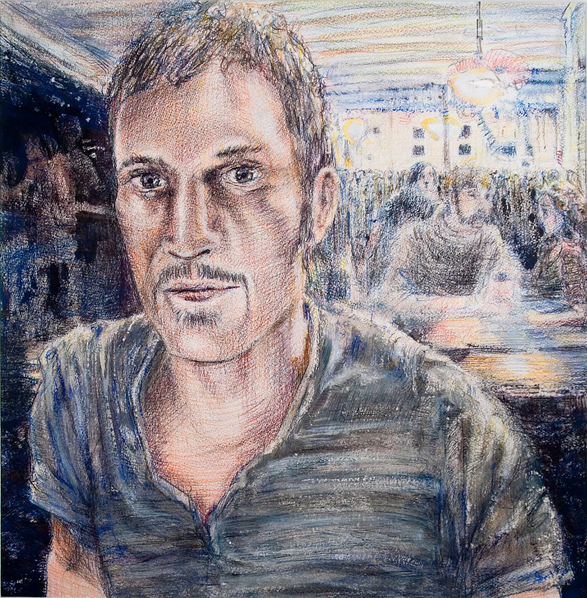   Andrew McNay, Mother’s Bar, Graham Ave, Williamsburg.  2010. Acrylic, colored pencil, ink, and staples on archival paper, 15” x 15.” From the series  Artists in the City.  