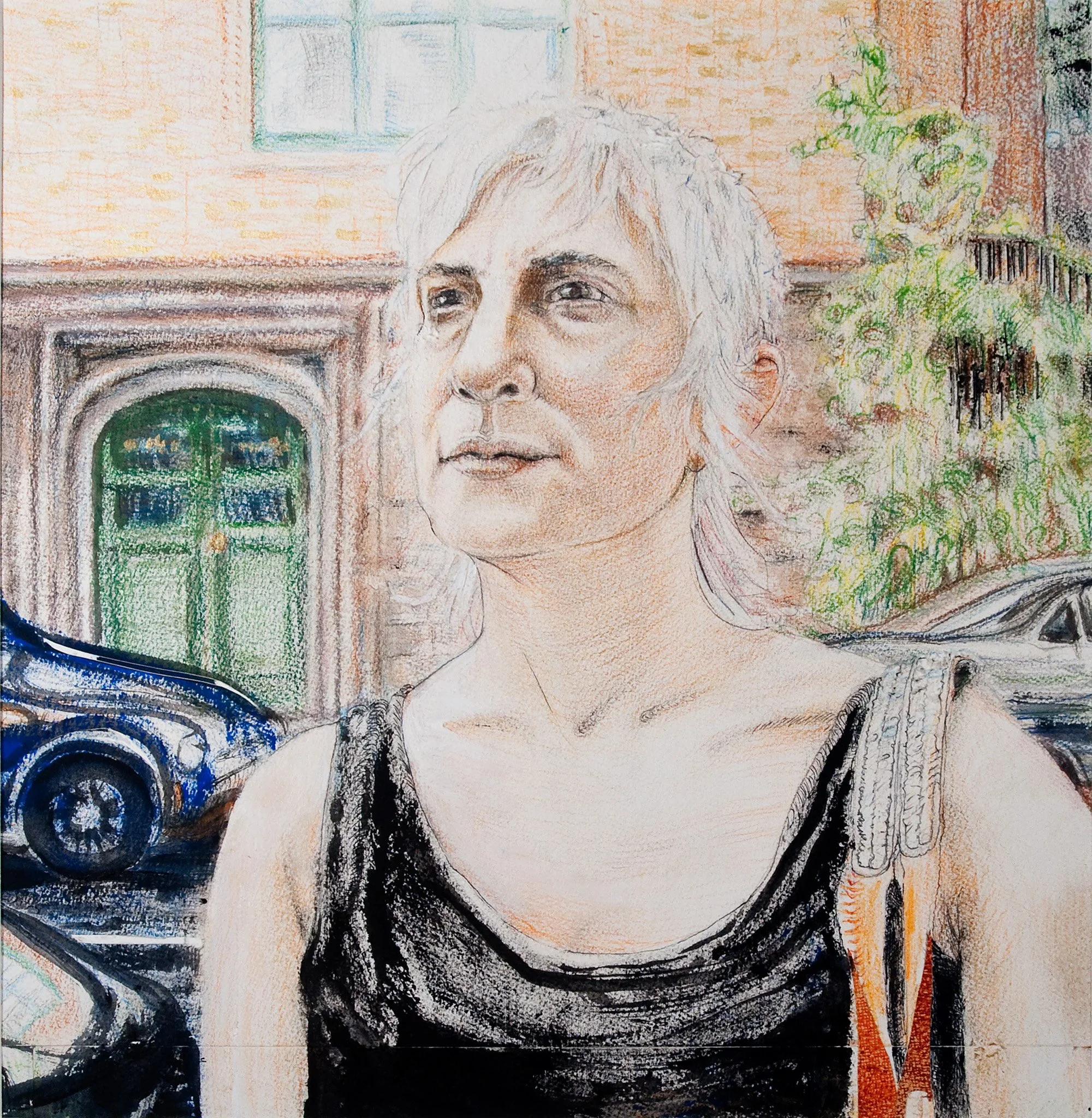   Cyrilla Mozenter, West Twentieth Street, Chelsea.  2010. Acrylic, colored pencil, ink, and staples on archival paper, 15” x 15.” From the series  Artists in the City.  
