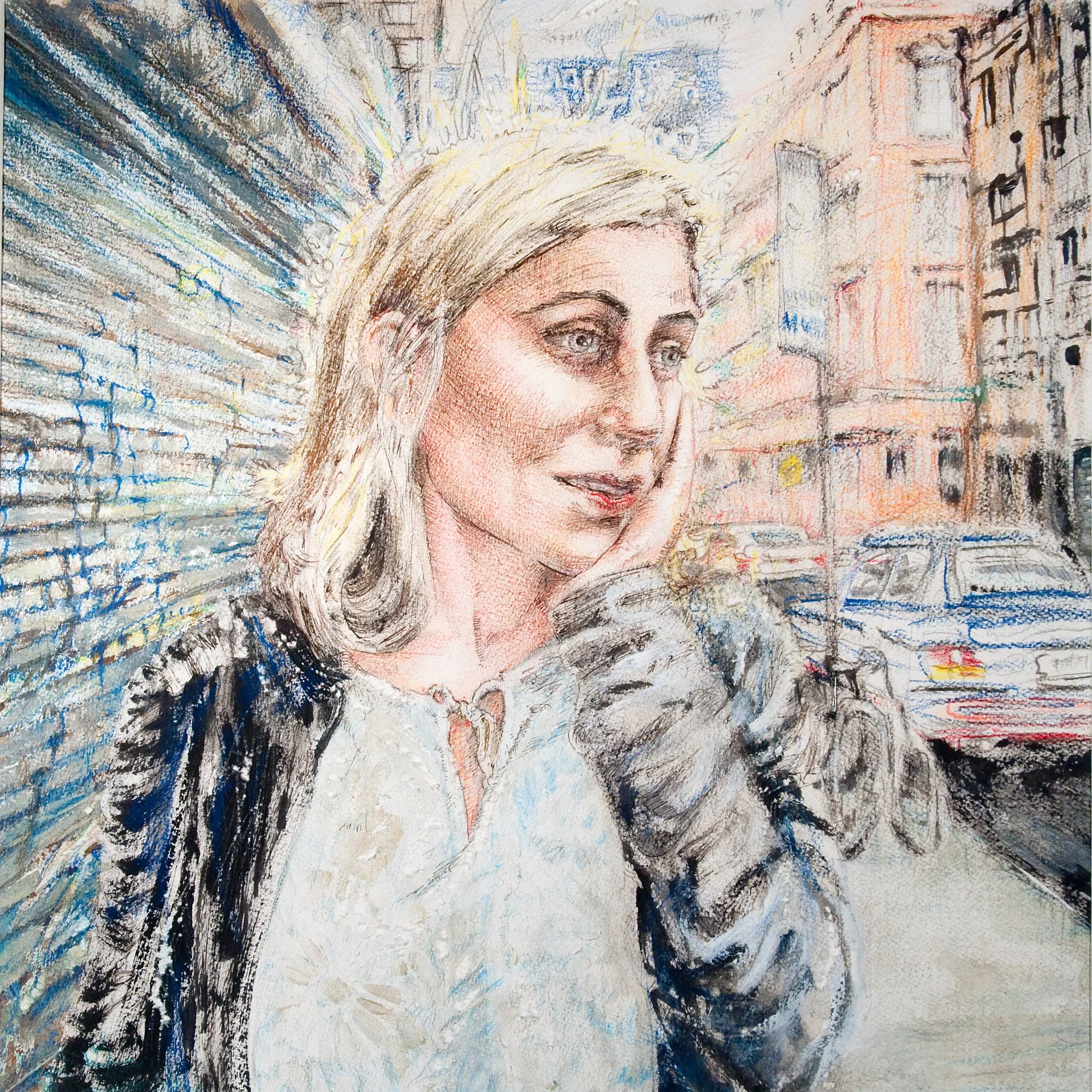   Eva Davidova, Orchard St., Lower East Side.  2010. Acrylic, colored pencil, ink, and staples on archival paper, 15” x 15.” From the series  Artists in the City.  