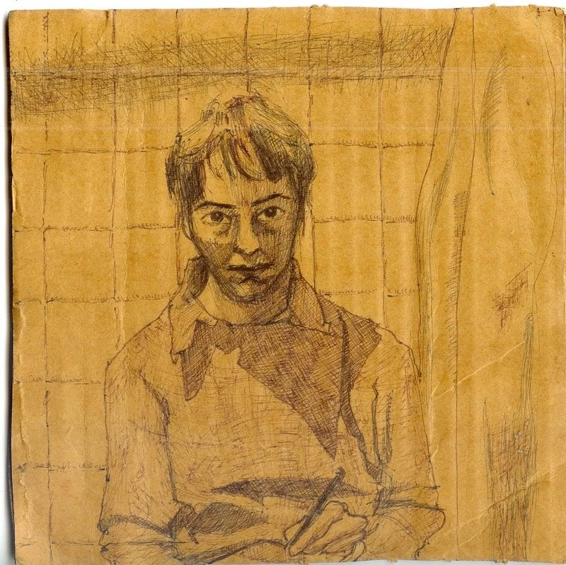   Self-portrait from shower stall.  2008. Ink on paper, 10” x 8.” 