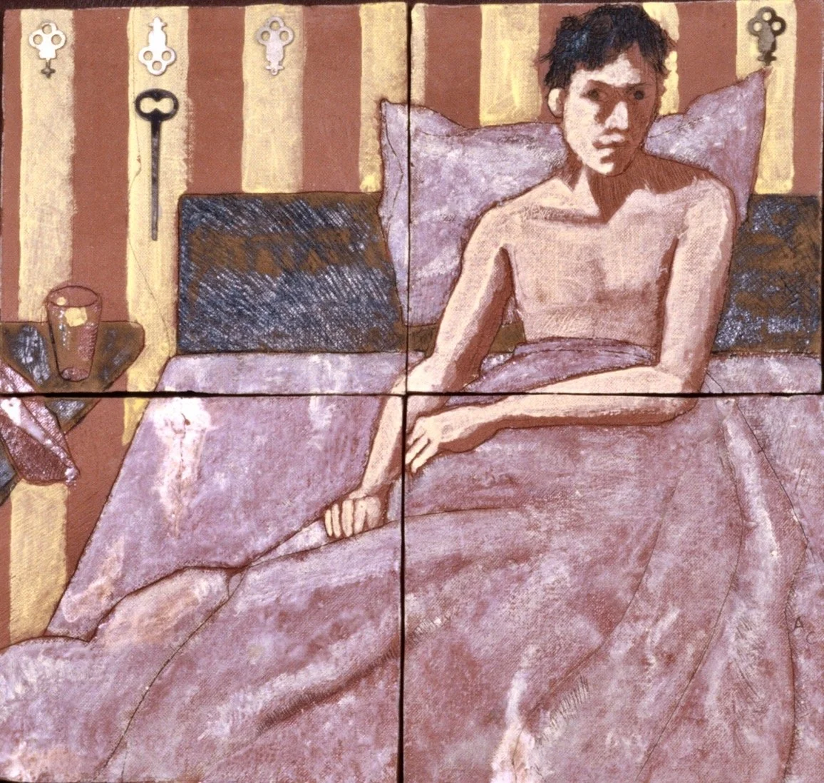   James.  2002. Glazed and kiln-fired terracotta tiles, metal keys, glue. 12” x 12.” 