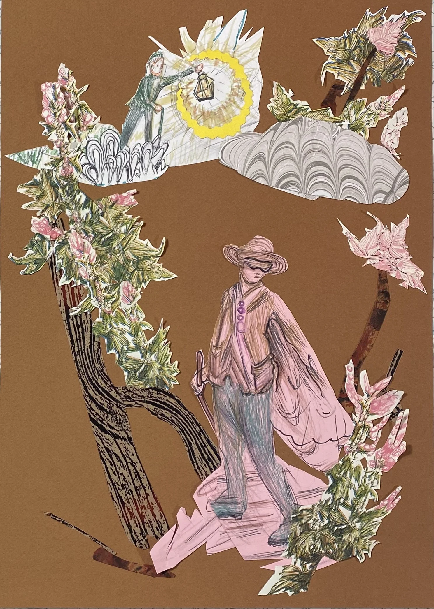   Neurological Pathway I (Motherwort).  2025. 16" x 11". Acrylic, ink, colored pencil on collaged archival paper with risograph print overlay. 