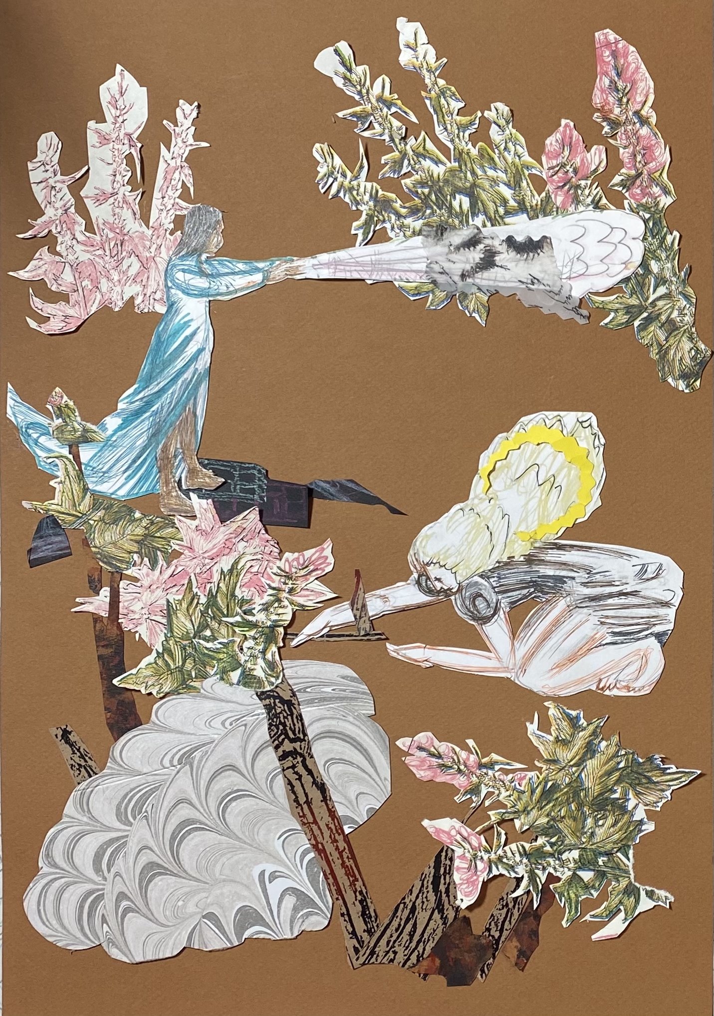   Neurological Pathway II (Motherwort)..  2025. 16" x 11". Acrylic, ink, colored pencil on collaged archival paper with risograph print overlay. 