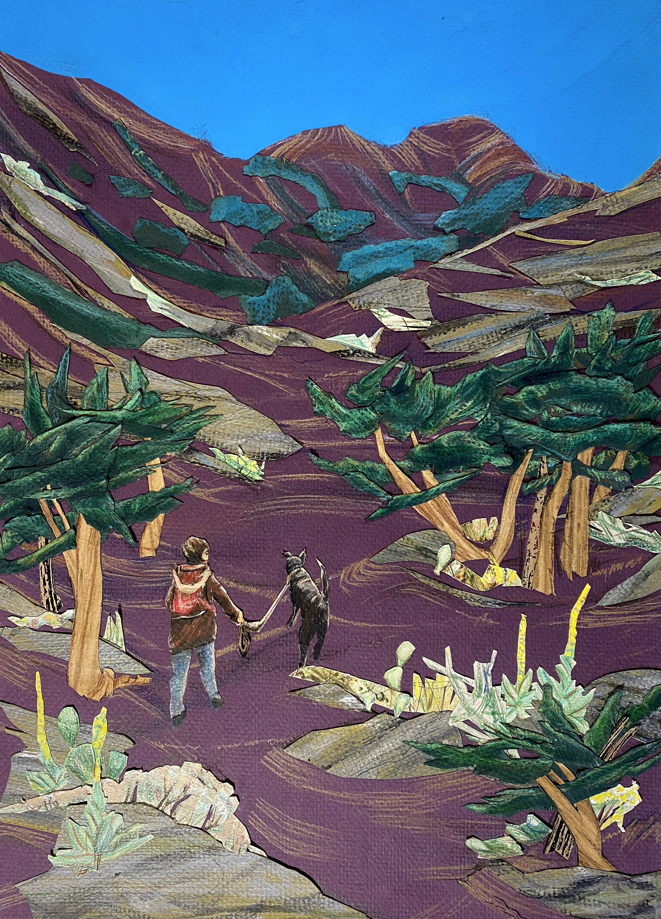   Lambsquarters on a Footpath: Up A Slope . 2025. Acrylic, ink, and colored pencil on collaged archival paper, 17” x 11.5.” 