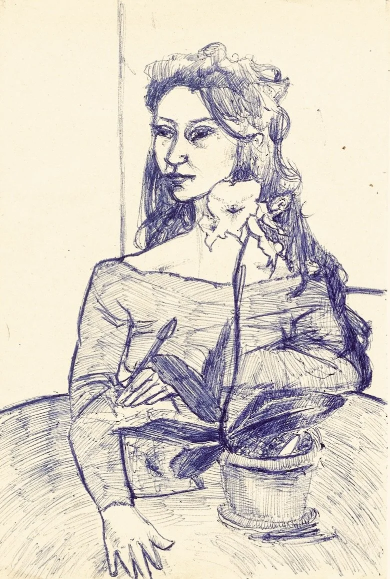   Self-portrait with orchid.  2002. Ink on paper, 10” x7.5.” 
