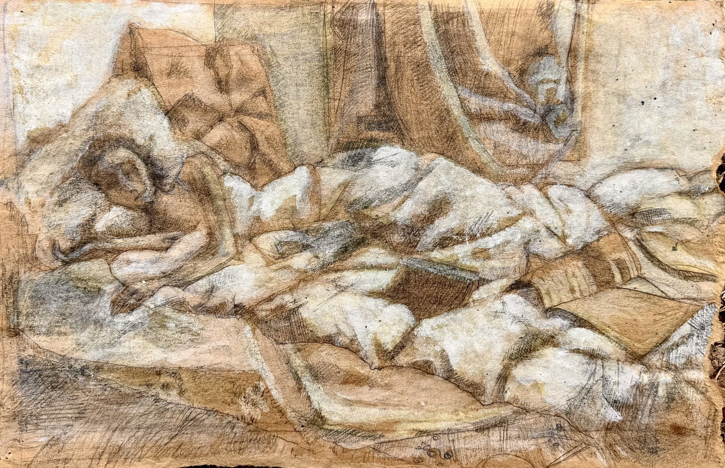   Kirsten, sleeping, books all around her.  2002. Ink and gouache on paper, 6” x 8.5".” 