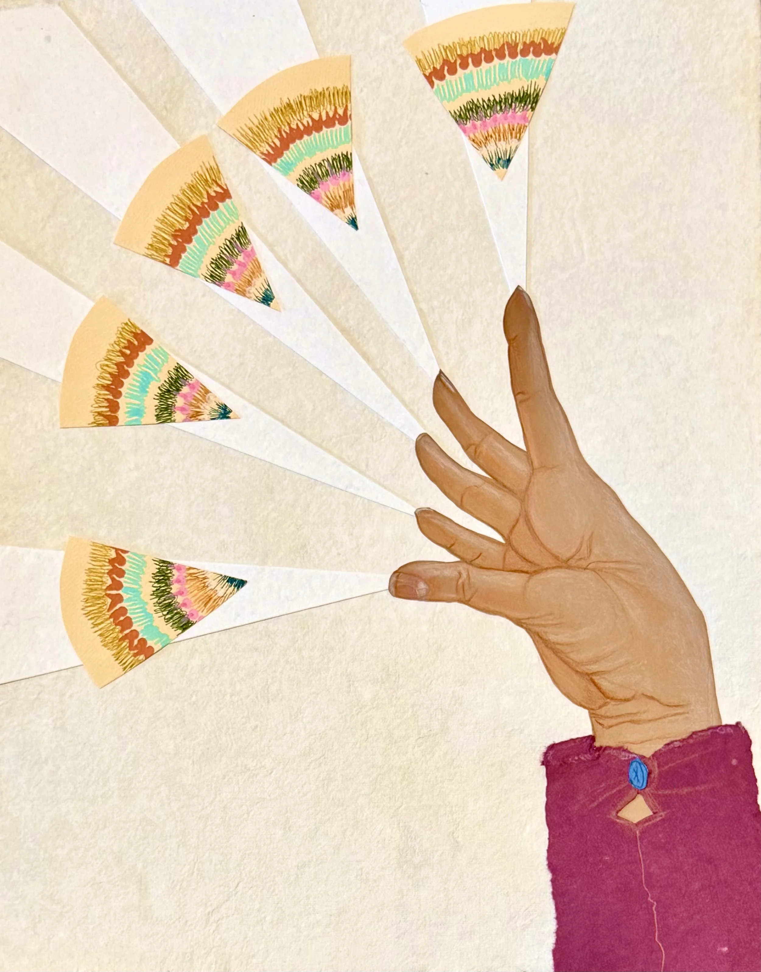   Return of the Light.  2026. 16” x 14". Acrylic, ink, colored pencil on collaged archival paper. 