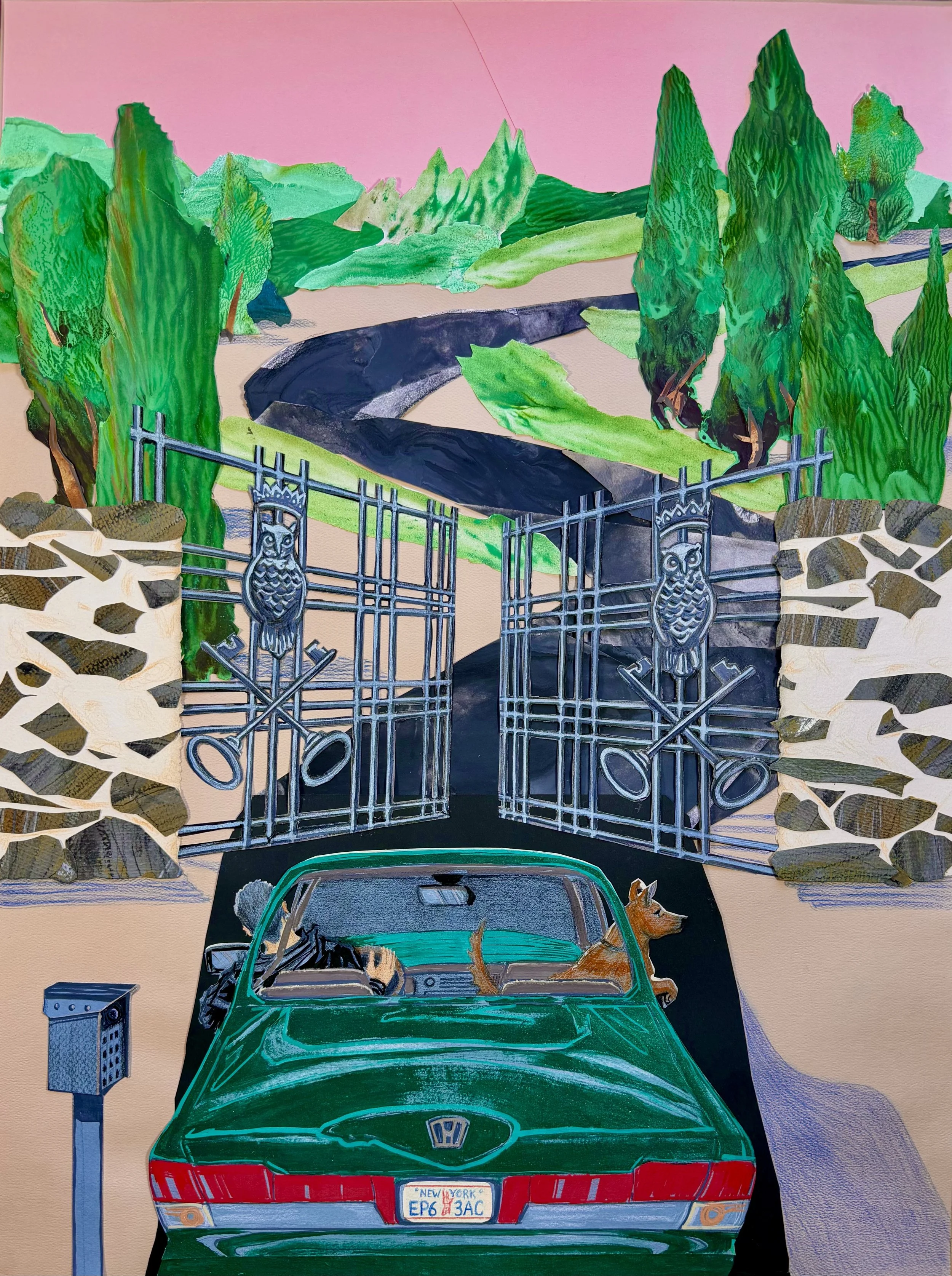    ‘Arrival at Owlton, South Gate.’   Acrylic, ink and colored pencil on collaged archival paper, 24” x 18.” 2026.  In ‘The Brain In The Woods,’ actual, semi-fictional and more abstract neural landscapes all unite; they are on the same playing field,