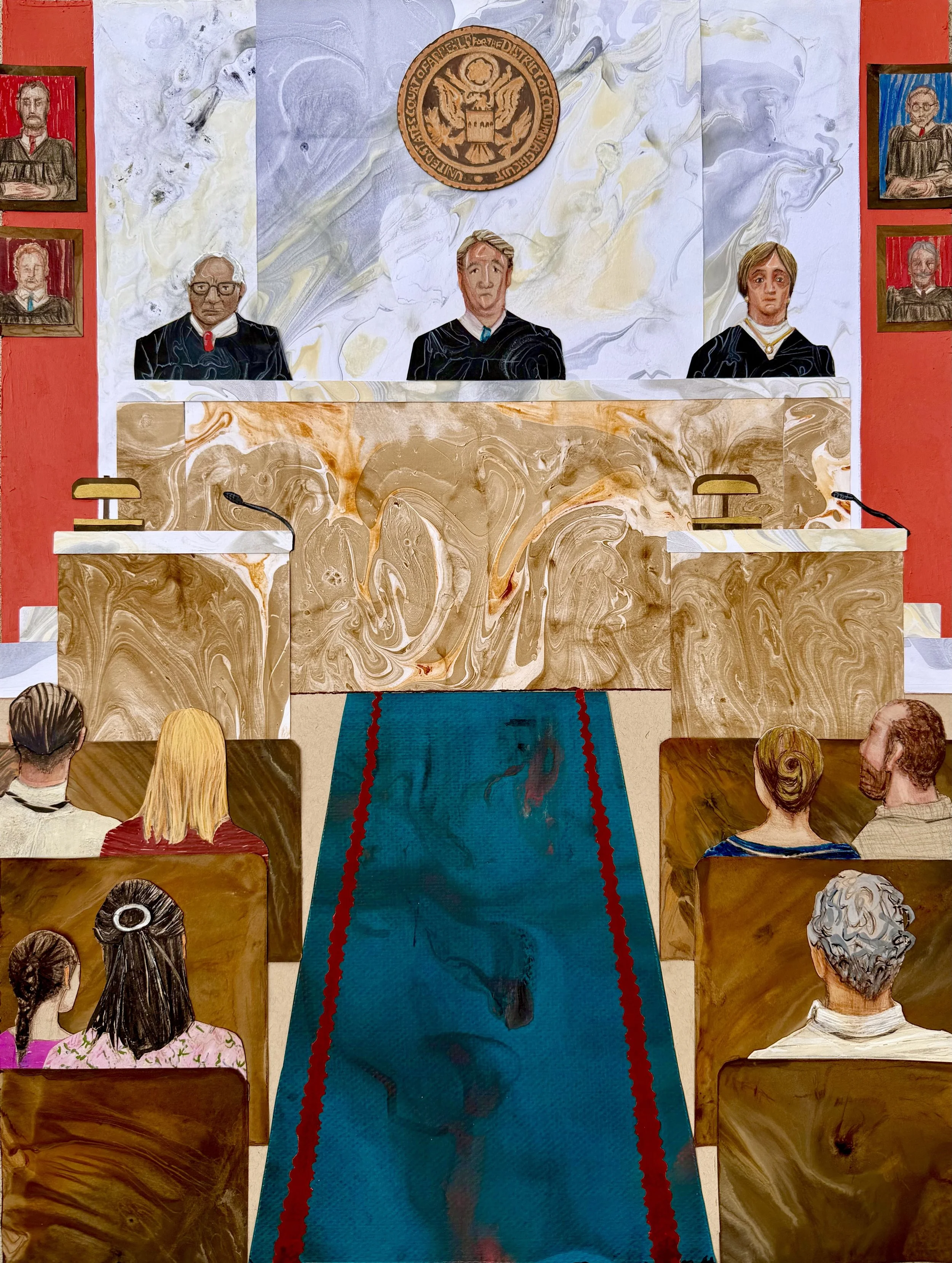    ‘U.S. Court of Appeals Hearing, Minisink vs. Millennium Pipeline and The Federal Energy Regulatory Commission, Washington D.C.'  Circuit.’  Colored pencil, ink and acrylic on collaged archival paper, 24” x 18,” 2026. 