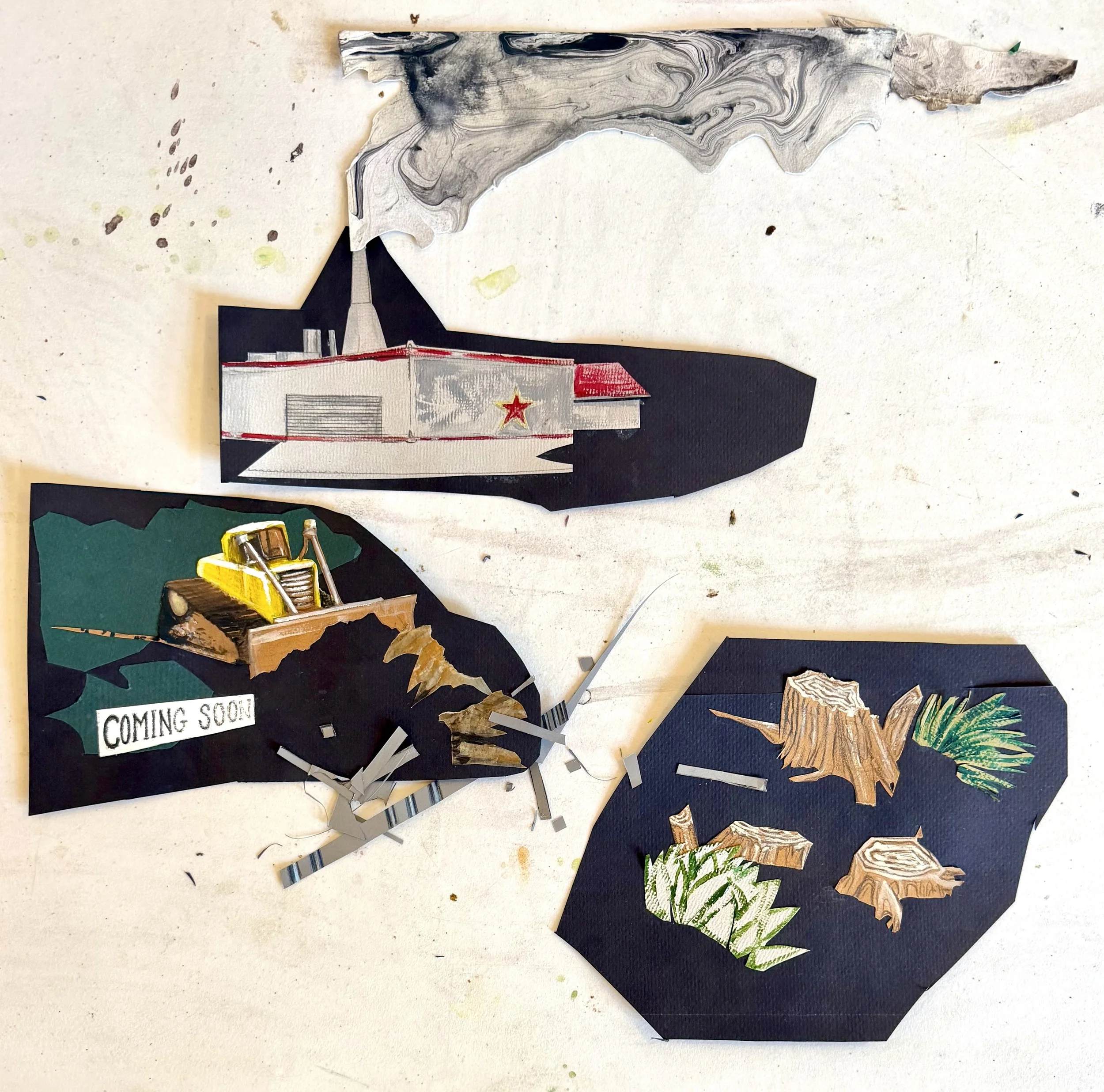    ‘Symbols of What’s Happening To The Land III,’   segment of a larger wall installation for the exhibit  ‘Into The Woods of Your Brain {Spies, Lies and Nice Tries}’  at Fourteenfifteen Gallery in Albuquerque, NM. Acrylic, colored pencil and ink on 