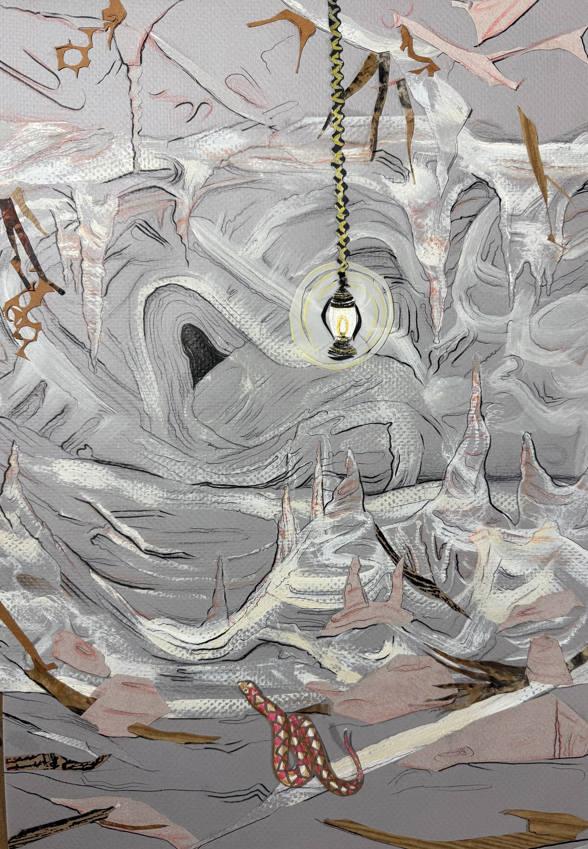   Still from short animation,  ‘See you Later Snake.’   Image: Acrylic, colored pencil and ink on collaged archival paper and vellum, approx. 15” x 9,’ 2026. 