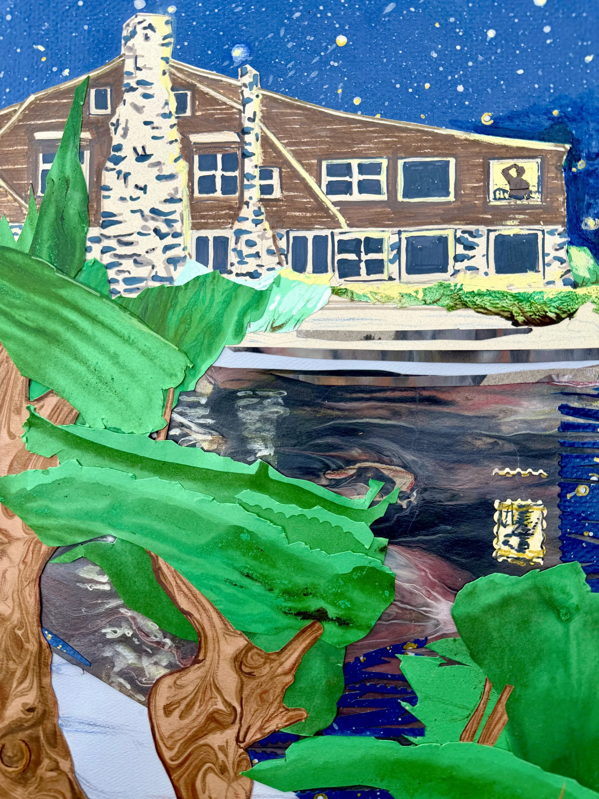  Detail from   ‘Sly Spying at Owlton.’    Drawing on research in fields including neurobiology, plant biology, ecology, and environmental policy, 'The Brain In The Woods' focuses on the interdependent welfare of landscapes, communities, minds and bod