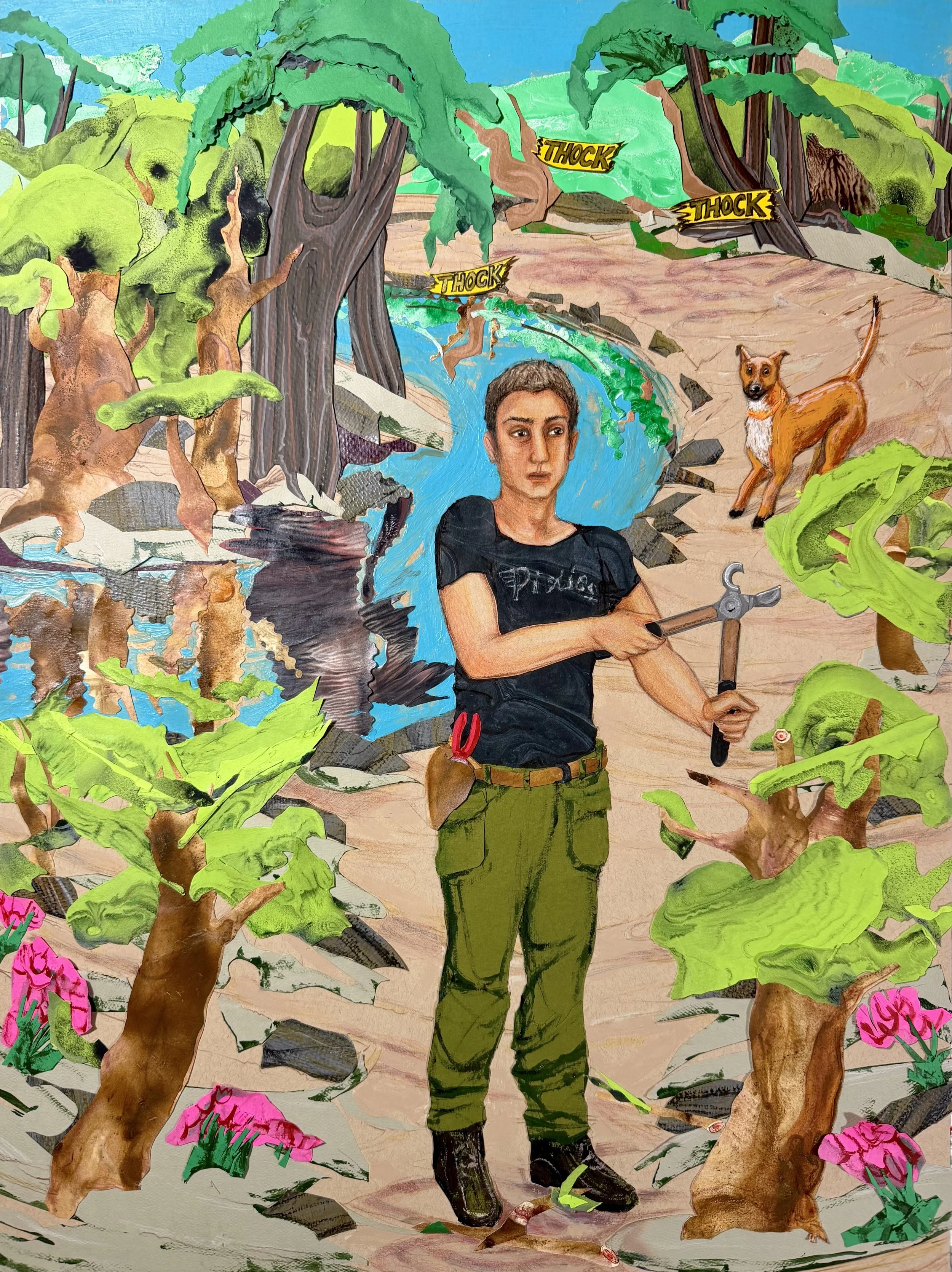    ‘Silvio, Clearing the Garden Pathway, Suddenly Hears Thocking Noises From Around the Bend of the Creek.’   Acrylic, colored pencil and ink on collaged archival paper, 24” x 18,” 2026. 