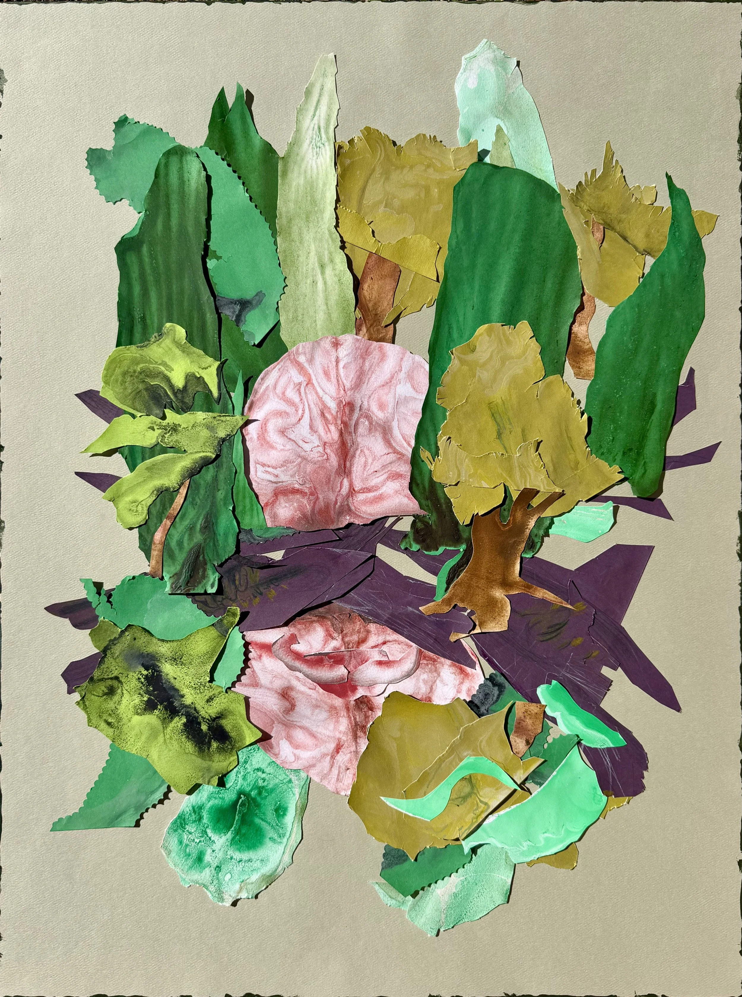    ‘The Brain In The Woods.,’   Acrylic, colored pencil, and ink on collaged archival paper, 24” x 18,” 2026. 