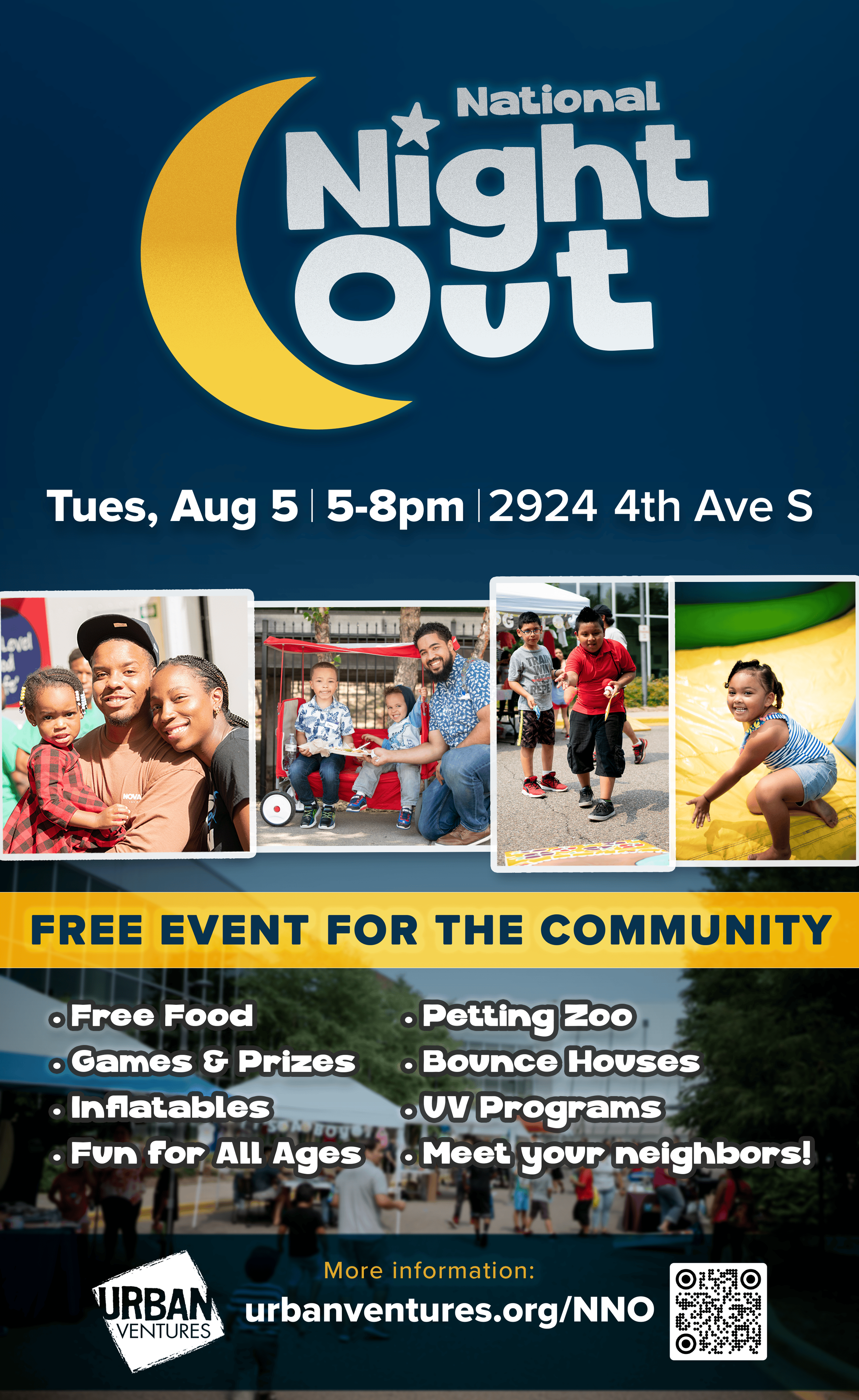 Poster for a community event titled 'National Night Out' with a large yellow crescent moon and a star on a dark blue background. The event details are Tuesday, August 5, from 5 to 8 pm at 2924 4th Ave S. The poster features four photos of diverse people, including children and adults, participating in outdoor activities. A yellow banner with black text states 'FREE EVENT FOR THE COMMUNITY,' listing activities such as free food, games and prizes, inflatables, fun for all ages, a petting zoo, bounce houses, UV programs, and neighbors meeting. The bottom includes a logo for Urban Ventures, a website link, and a QR code.