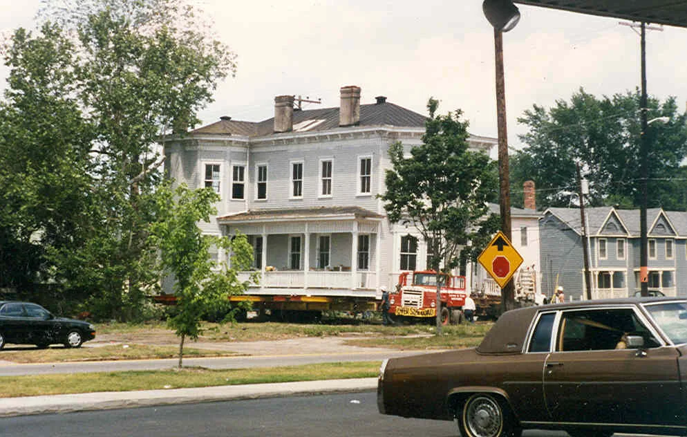 Moving a house to its new location. 
