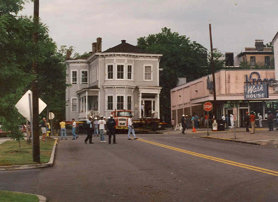 Moving a house to its new location. 