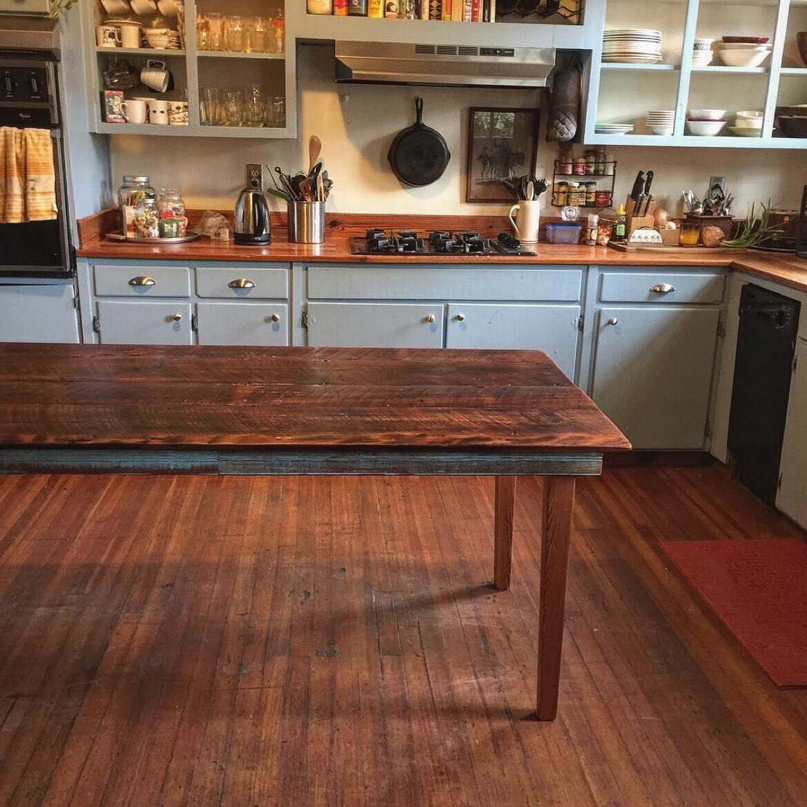 Reclaimed heart pine farm table with authentic &quot;haint blue&quot; beadboard skirt that was reclaimed from historic porches. Beams and top are made from 200 year old structural wood from some of the earlier buildings of Savannah.