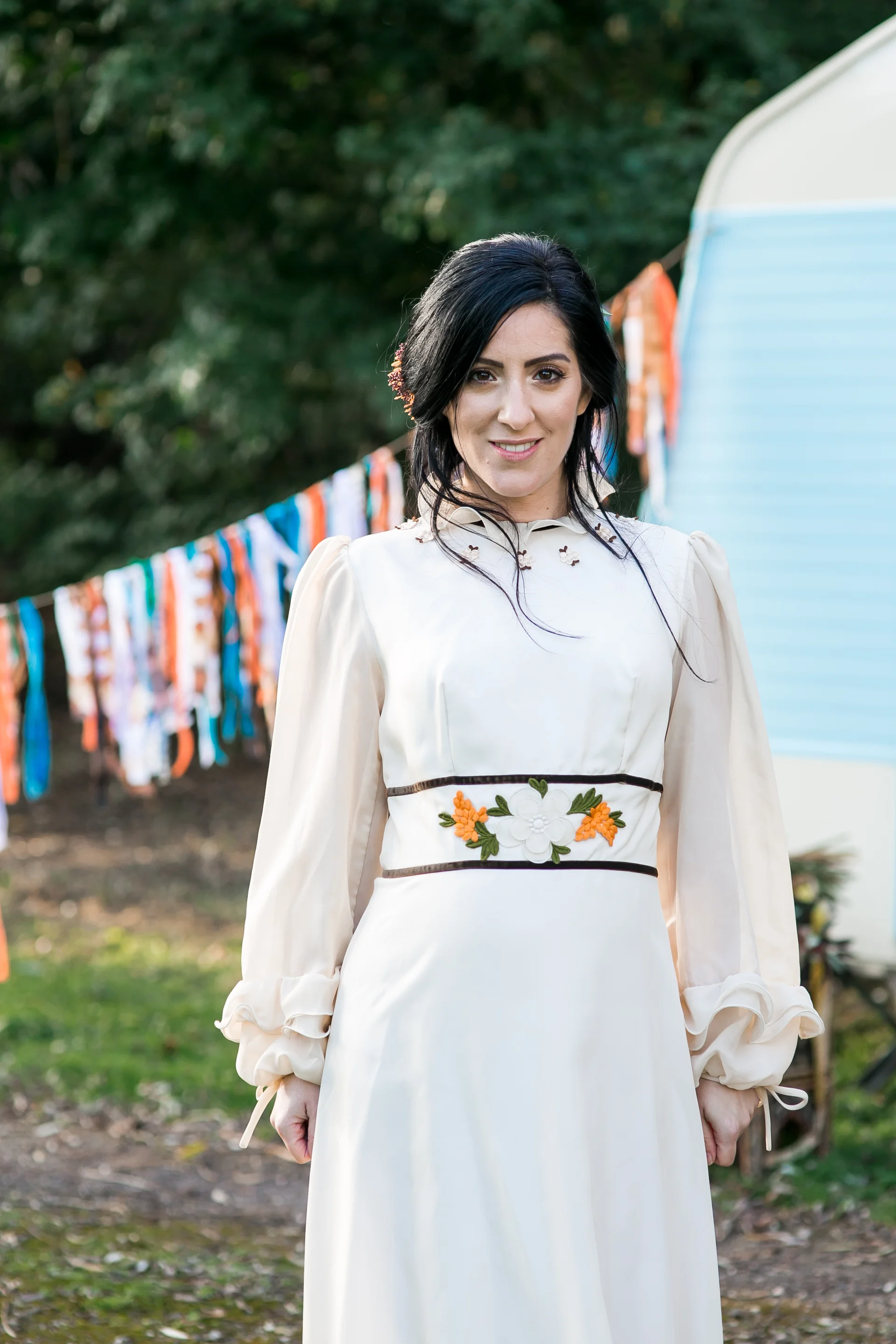 harvest moon : SHOP ON ASOS This milky coffee 1960s gown is super autumnal with velvet ribbon detailing and embroidered harvest offerings. Size 12. £200