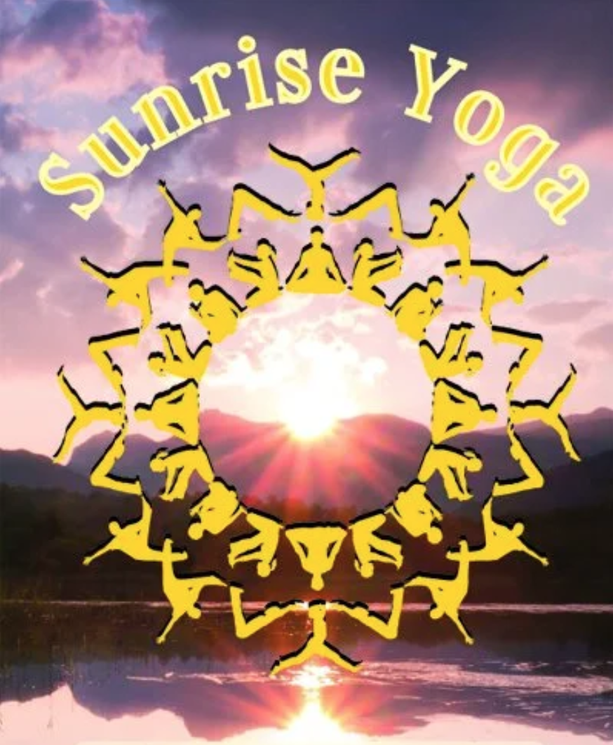 Sunrise Yoga text over a sunrise & yoga figures in a circle