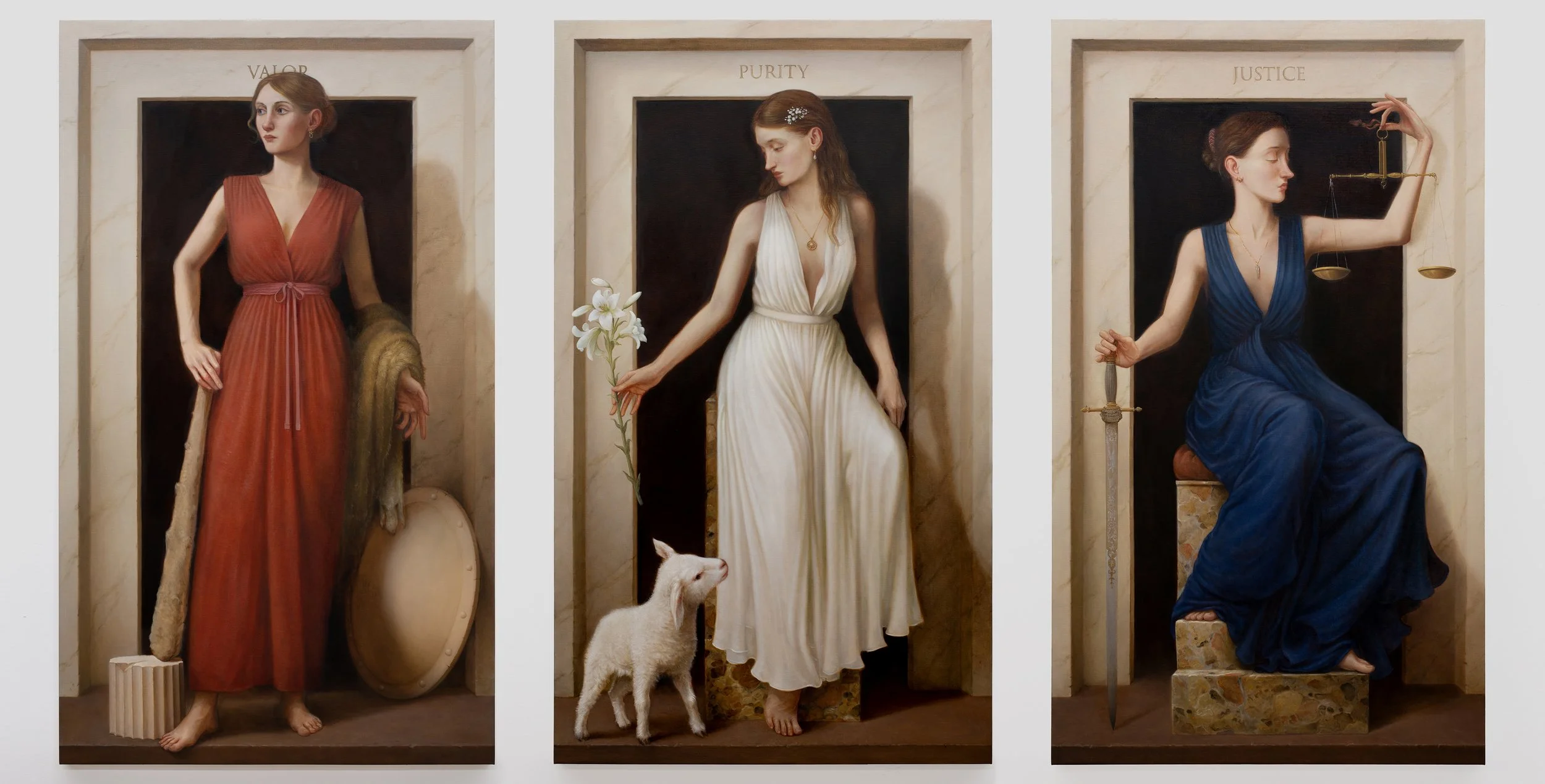    Valor, Purity, Justice (Old Glory) , 2026  Oil on canvas (triptych) Each panel: 60 × 35 inches Overall (approx.): 60 × 105 inches 