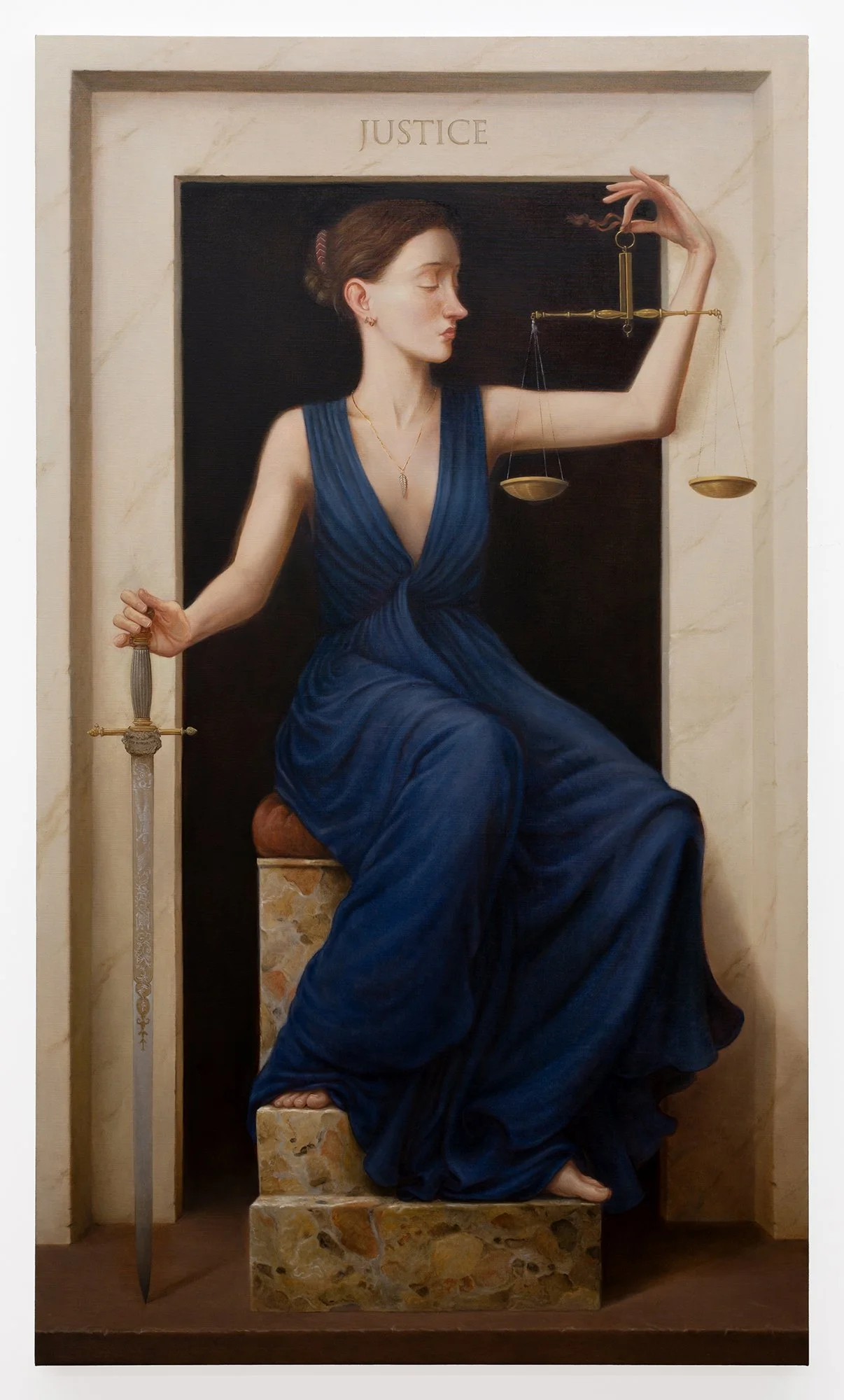    Justice , 2026  Oil on canvas 60 × 35 inches 