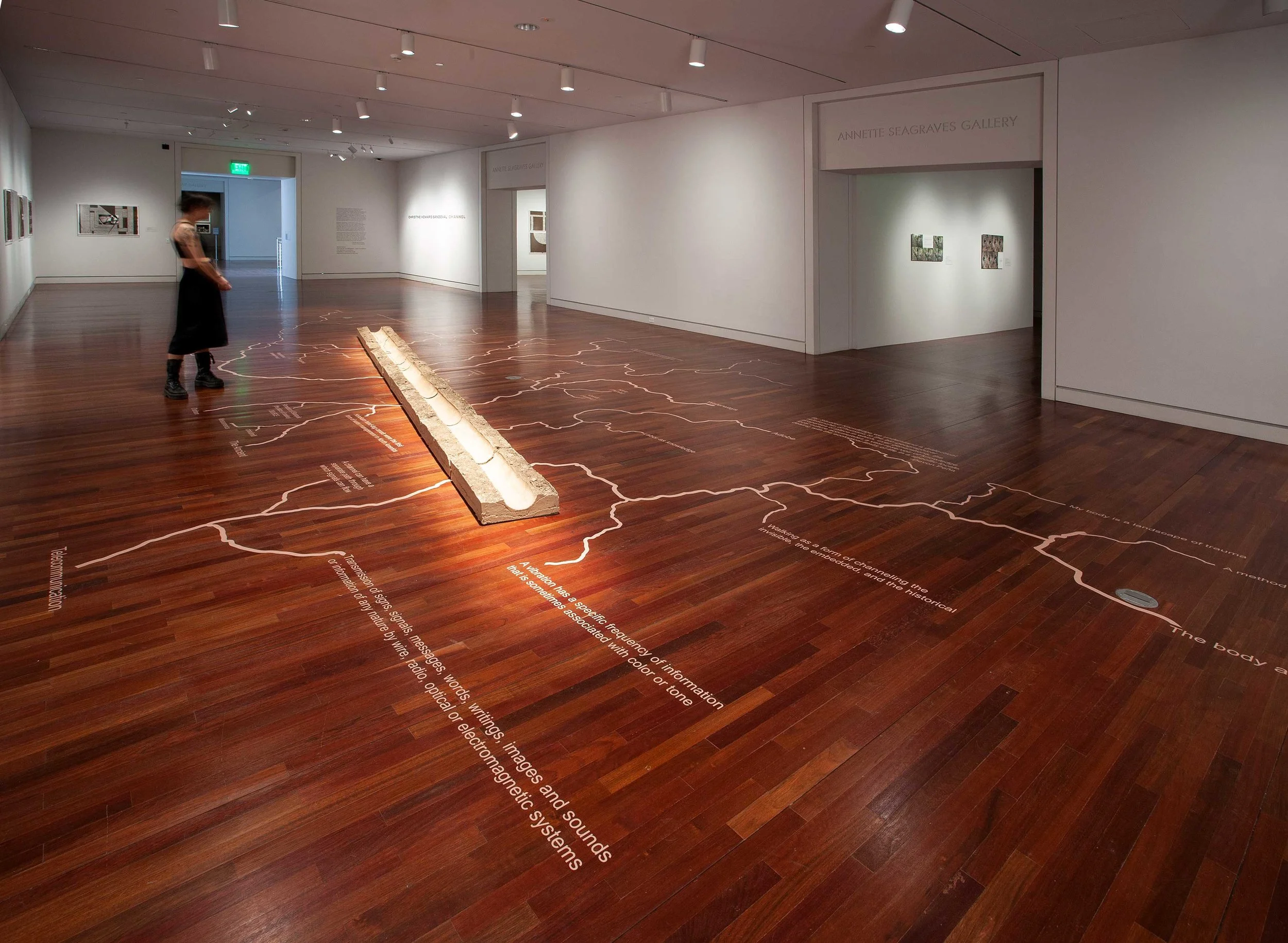 Channel- A Cartography of Thirst, 2019, Adobe earth and vinyl, 20' W X 36' L Installation view for CHANNEL, Colorado Springs Fine Art Center , 2019 Photo by Scott Bauer