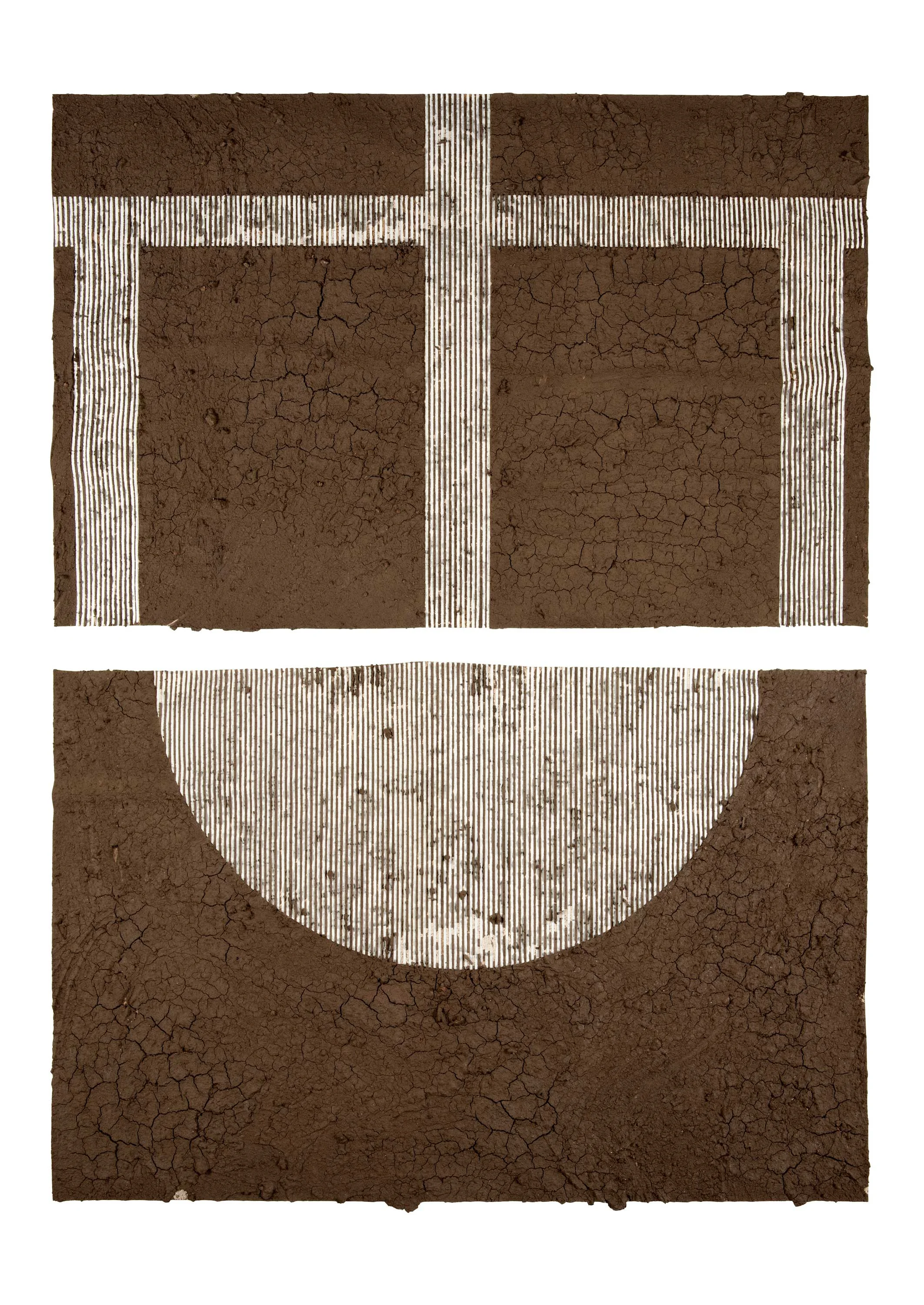 Land Form III- Mother Ditch ( diptych), 2019, Handmade adobe and graphite on paper, 40"W X 52" T Photo by Scott Bauer