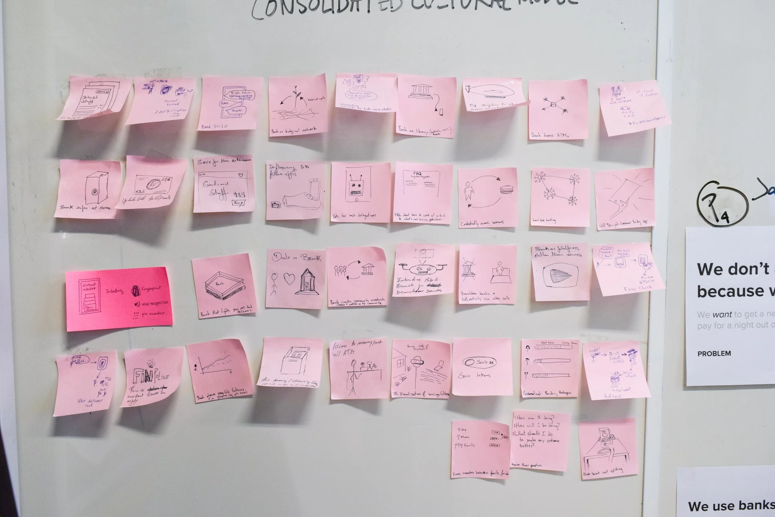 A wall of ideas, some good, some bad, some practical, some not so much. Brainstorming all of these options helps me come up with a solution that takes as many factors into the design as possible. 