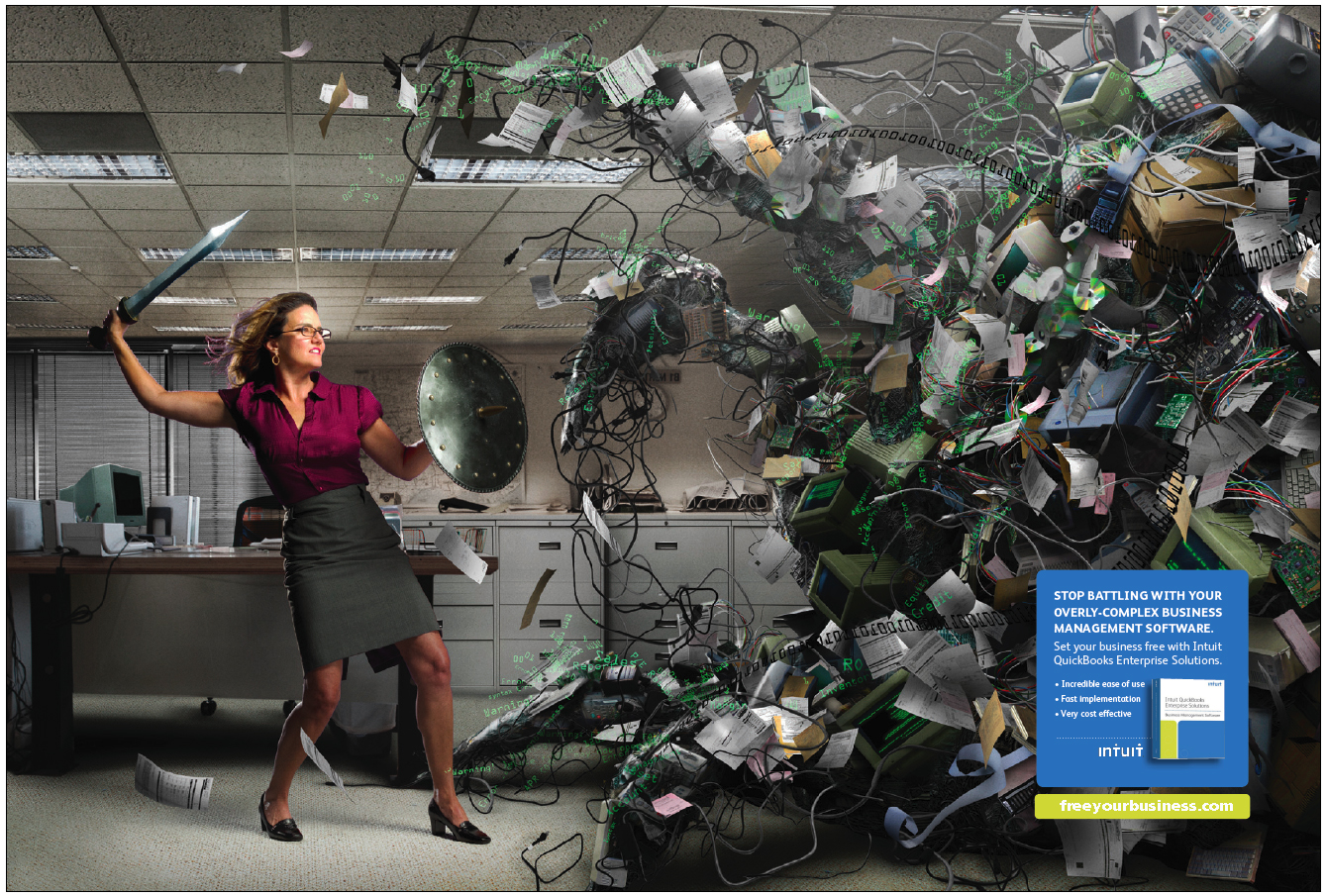 Double page spread print ad for Intuit Enterprise Solutions. 