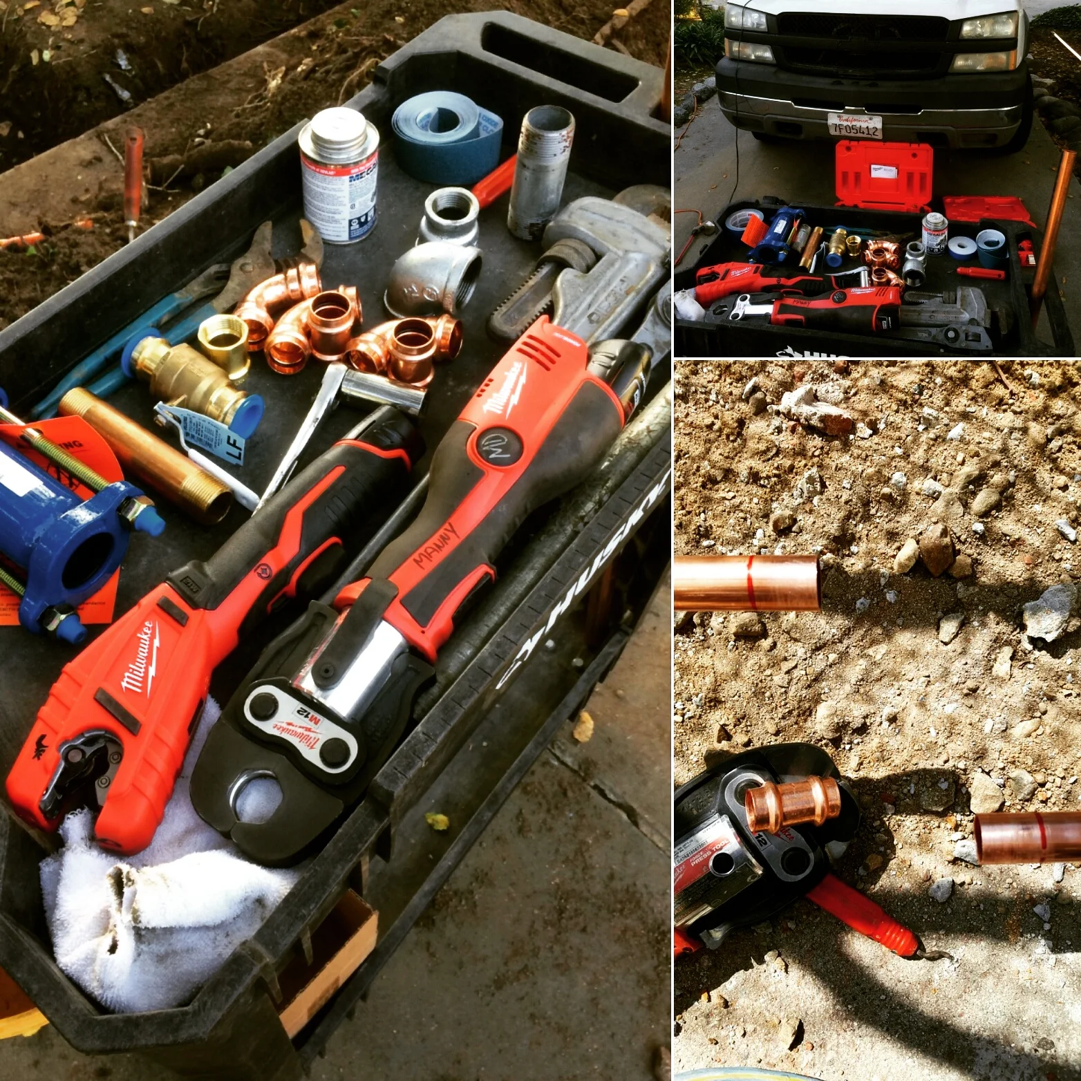 Left: Milwaukee Tools on display, the M12 Force Logic Press Tool, and the M12 Cordless Copper Tubing Cutter. Right Top: work station on location. Right Bottom: the Force Logic Press Tool used for copper pipe installation.