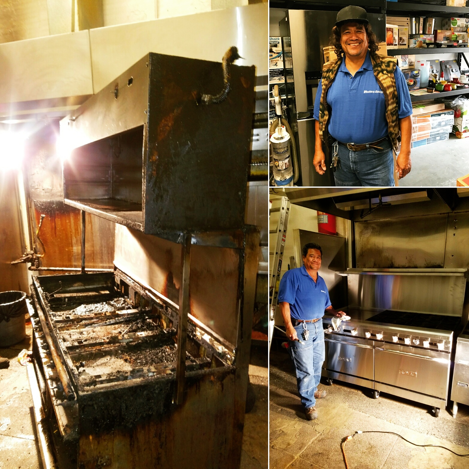 Far left: the fire damage that was done when the appliance malfunctioned. Notice this unit is completely unserviceable. Bottom right: plumbing expert Cesar puts the finishing touches on the new gas oven. Top right: that same day, Cesar was trying out a new haircut. We think the locks look good on him, what do you think?
