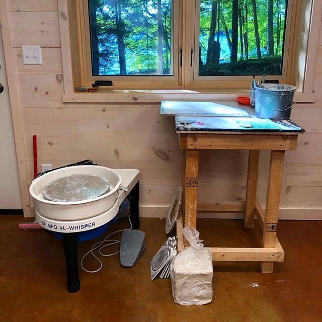 My wheel made it to Northern Wisconsin! I am in heaven. I don&rsquo;t have access to my kiln, so won&rsquo;t have any new work for a while, but I&rsquo;m working on making for updates in late summer/early fall. 
I am also teaching another workshop on