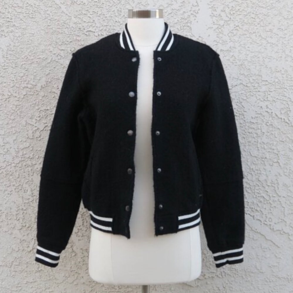 Classic black letterman style jacket, size M, available online now! 🏈 This would be super cool as is, but I can&rsquo;t stop browsing Etsy&rsquo;s stock of quirky chenille patches I would add to give this a unique custom look 😍